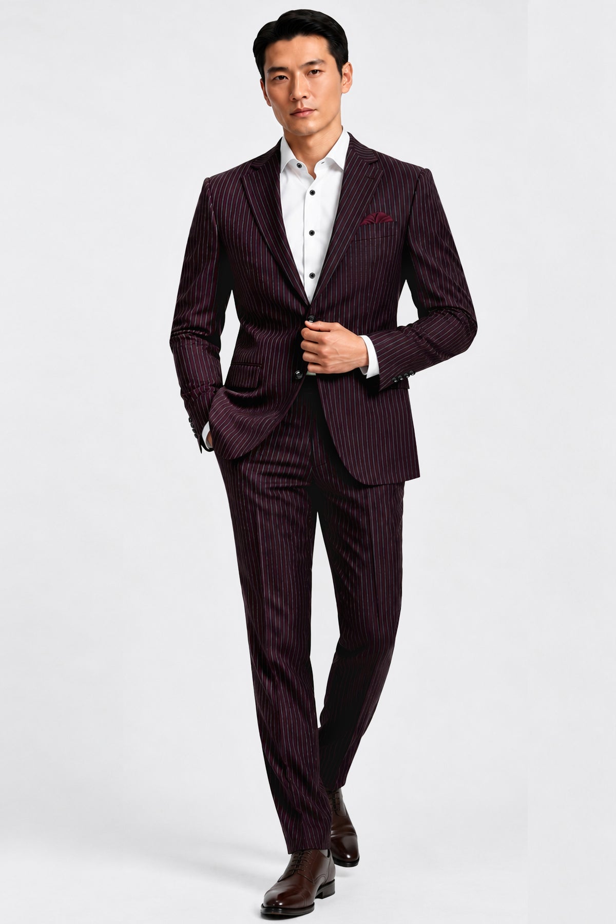 Vesper-Gondola Maroon Chalk Striped Wool Rich Wrinkle-Free Fluid Drape Fabric Single Breasted Blazer