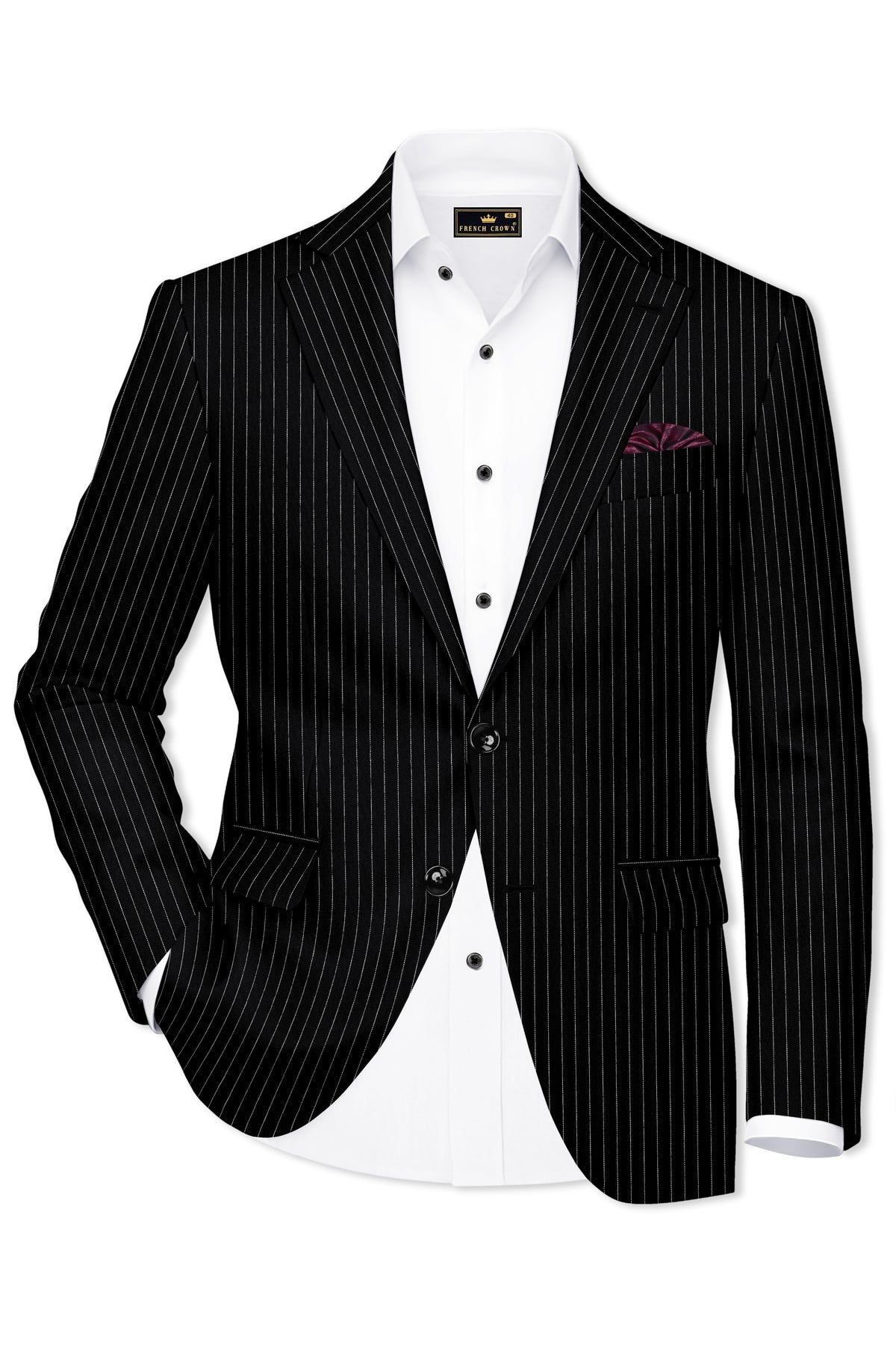 Noble-Jade Black Chalk Striped Wool Rich Wrinkle-Free Fluid Drape Fabric Single Breasted Blazer