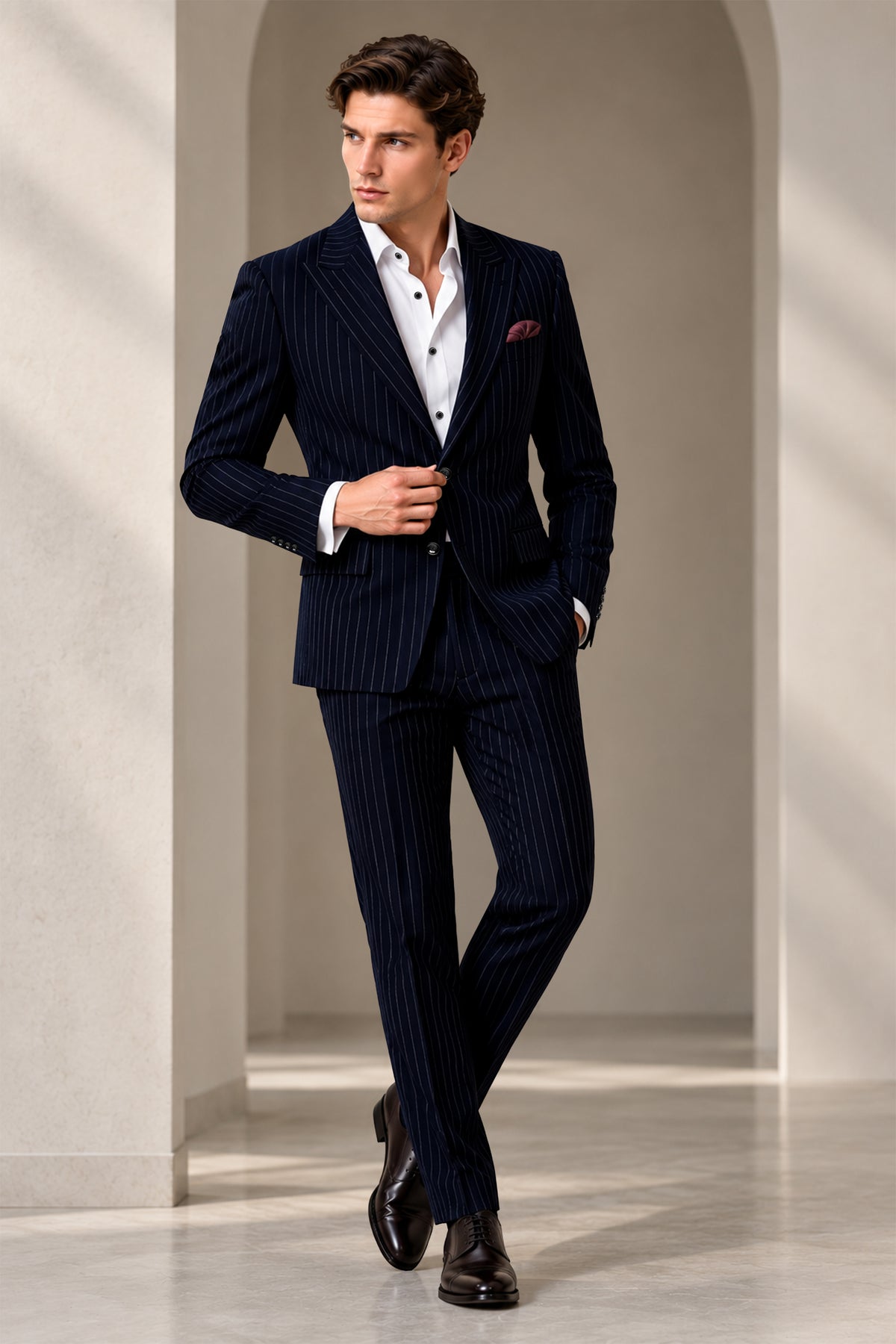 Windsor-Navy Blue Chalk Striped Wool Rich Wrinkle-Free Fluid Drape Fabric Single Breasted Blazer