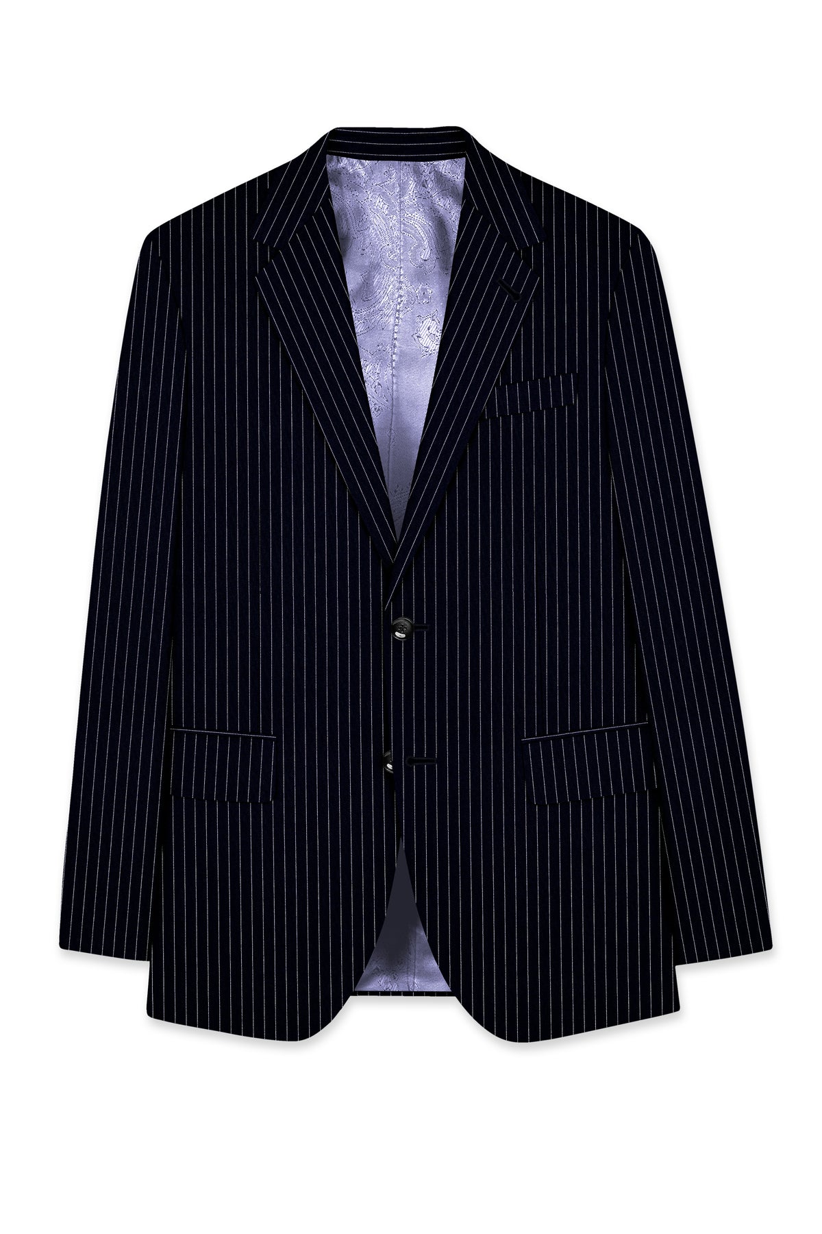 Windsor-Navy Blue Chalk Striped Wool Rich Wrinkle-Free Fluid Drape Fabric Single Breasted Blazer