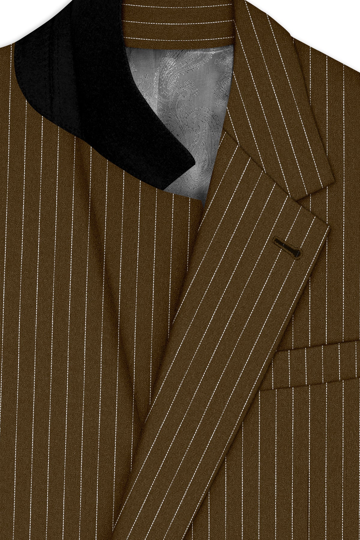 Sable-Antique Brown Chalk Striped Wool Rich Wrinkle-Free Fluid Drape Fabric Single Breasted Blazer