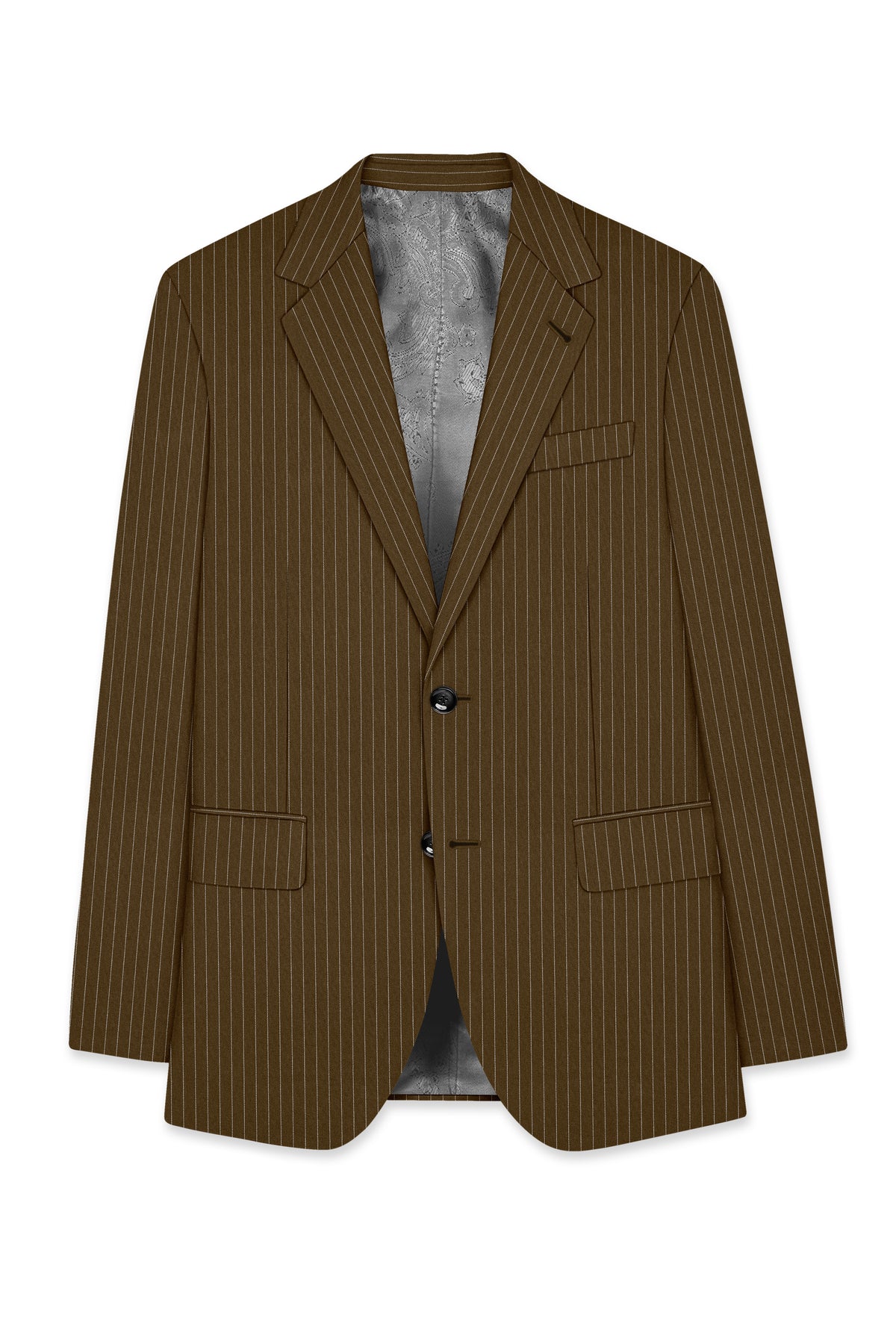 Sable-Antique Brown Chalk Striped Wool Rich Wrinkle-Free Fluid Drape Fabric Single Breasted Blazer