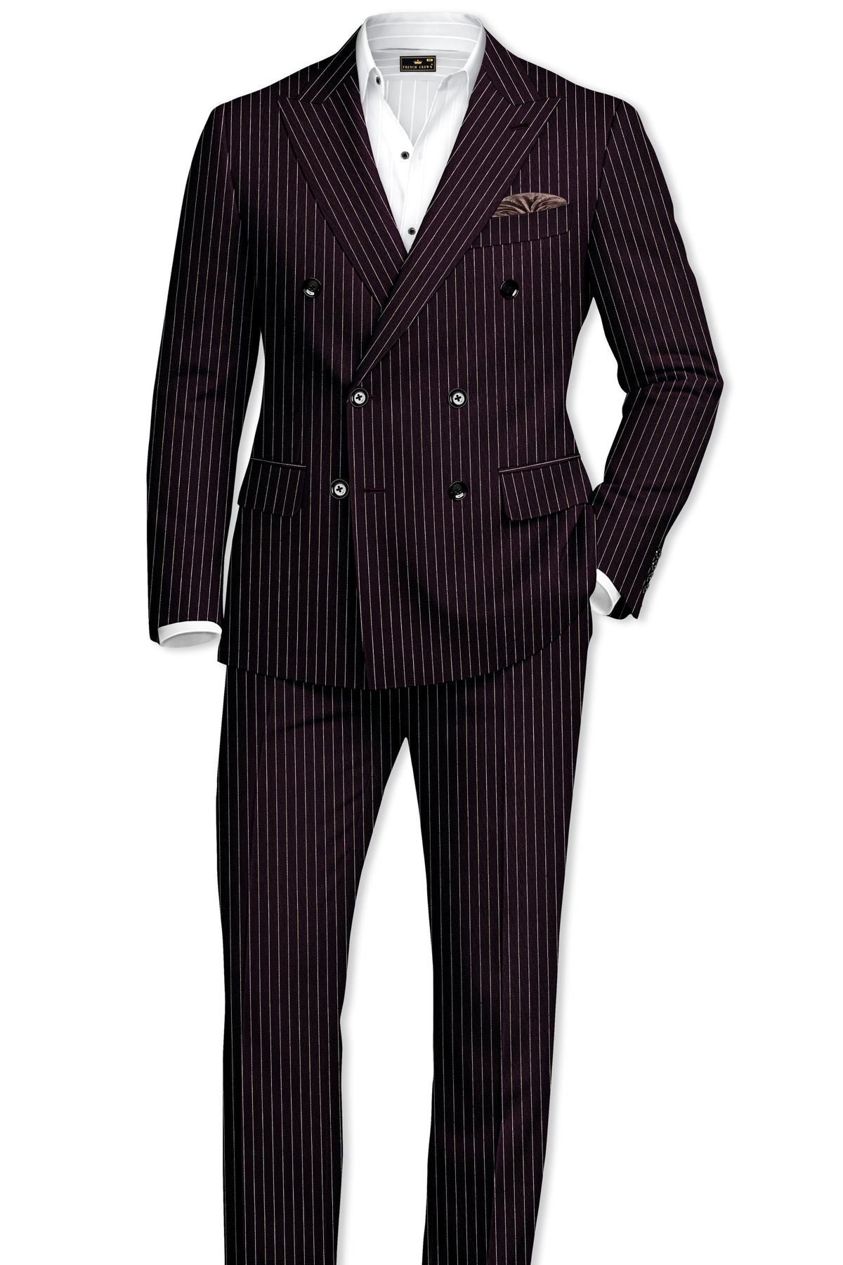 Vesper-Gondola Maroon Chalk Striped Wool Rich Wrinkle-Free Fluid Drape Fabric Double Breasted Blazer