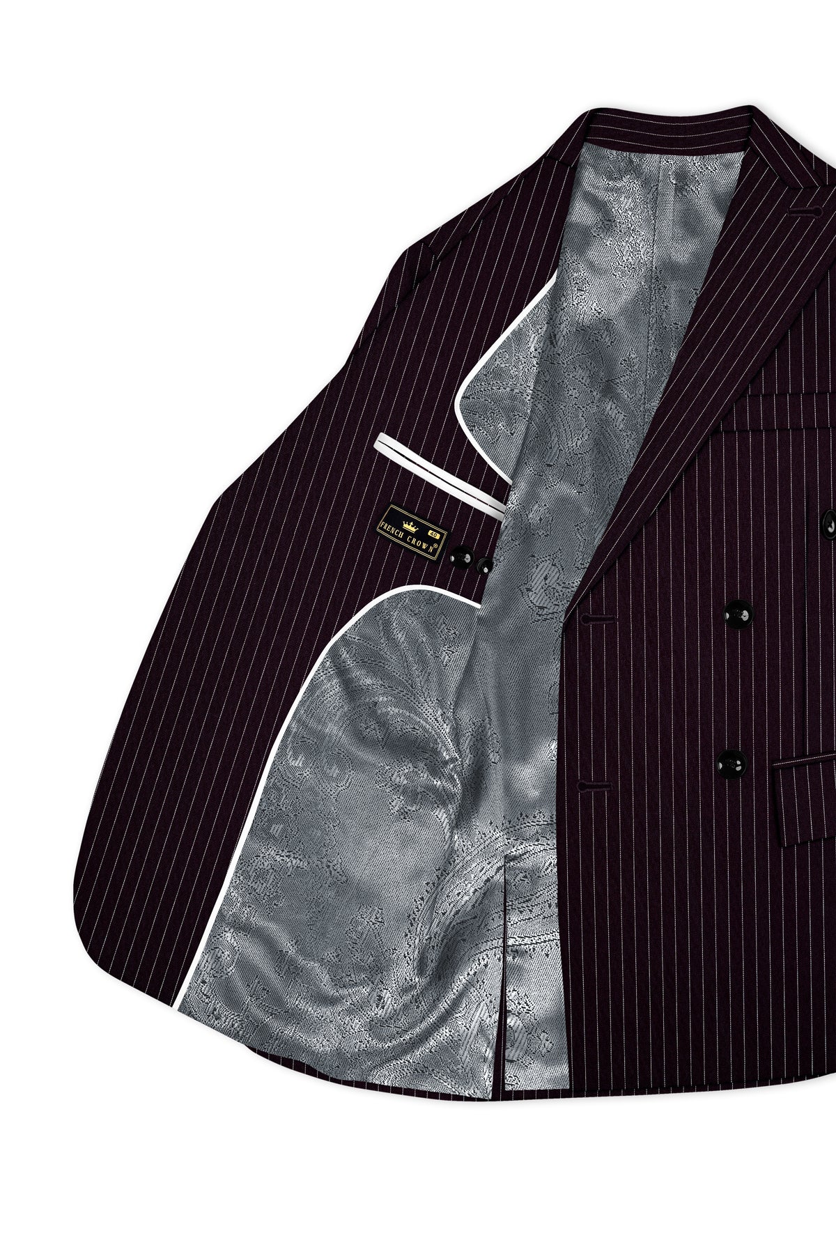 Vesper-Gondola Maroon Chalk Striped Wool Rich Wrinkle-Free Fluid Drape Fabric Double Breasted Blazer
