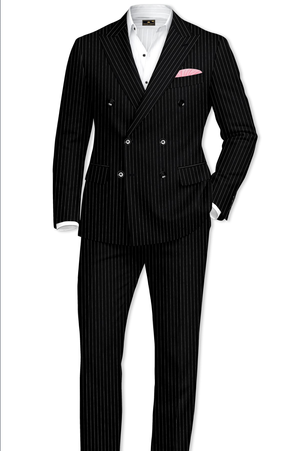 Noble-Jade Black Chalk Striped Wool Rich Wrinkle-Free Fluid Drape Fabric Double Breasted Blazer