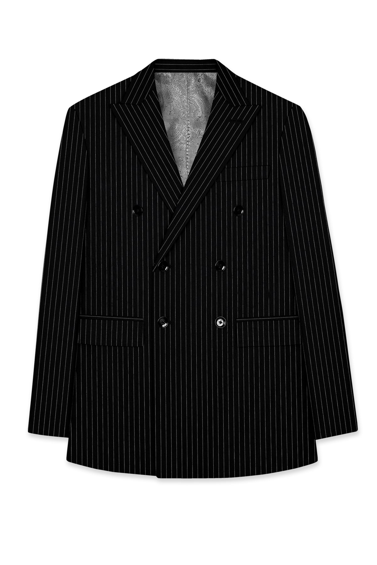 Noble-Jade Black Chalk Striped Wool Rich Wrinkle-Free Fluid Drape Fabric Double Breasted Blazer