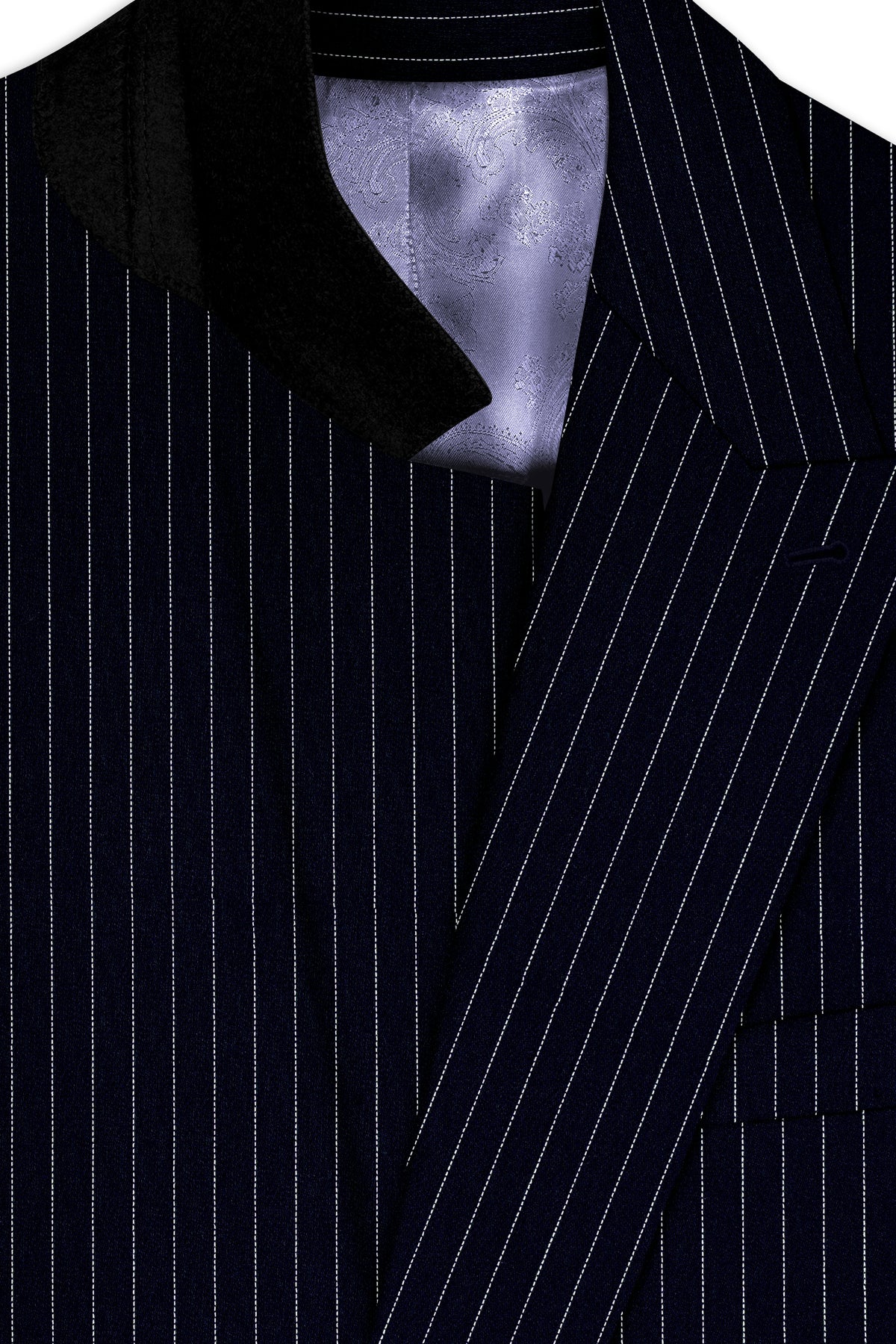 Windsor-Navy Blue Chalk Striped Wool Rich Wrinkle-Free Fluid Drape Fabric Double Breasted Blazer