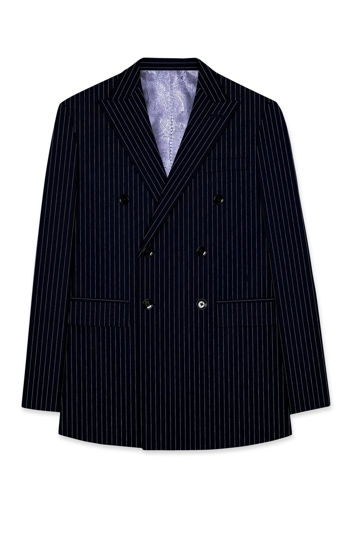 Windsor-Navy Blue Chalk Striped Wool Rich Wrinkle-Free Fluid Drape Fabric Double Breasted Blazer