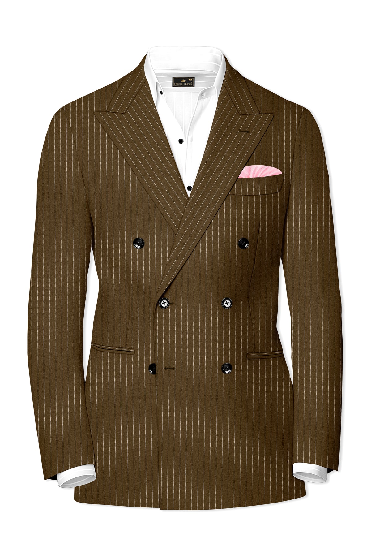 Sable-Antique Brown Chalk Striped Wool Rich Wrinkle-Free Fluid Drape Fabric Double Breasted Blazer