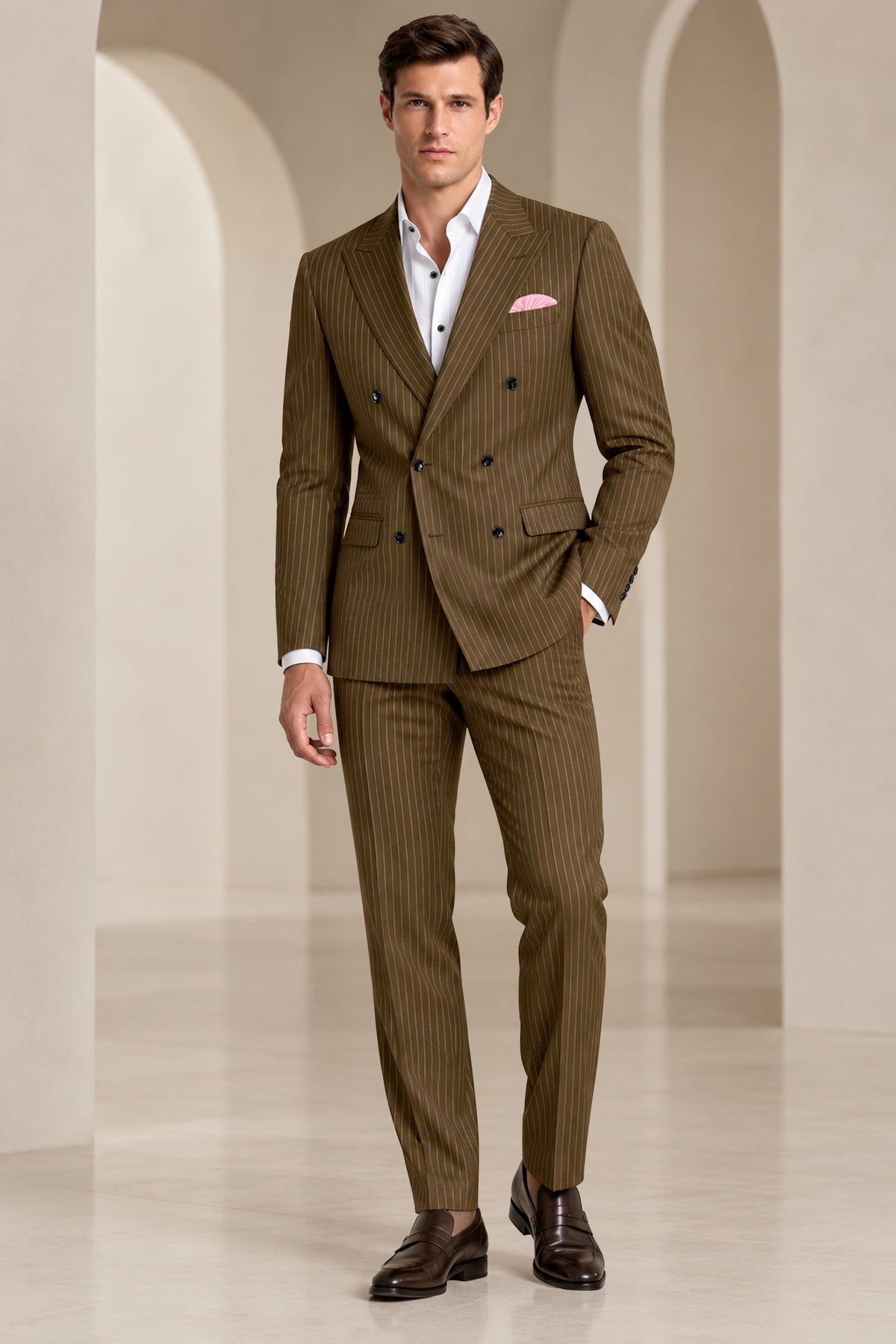 Sable-Antique Brown Chalk Striped Wool Rich Wrinkle-Free Fluid Drape Fabric Double Breasted Blazer