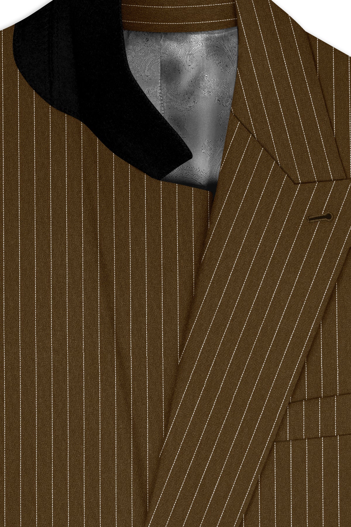 Sable-Antique Brown Chalk Striped Wool Rich Wrinkle-Free Fluid Drape Fabric Double Breasted Blazer