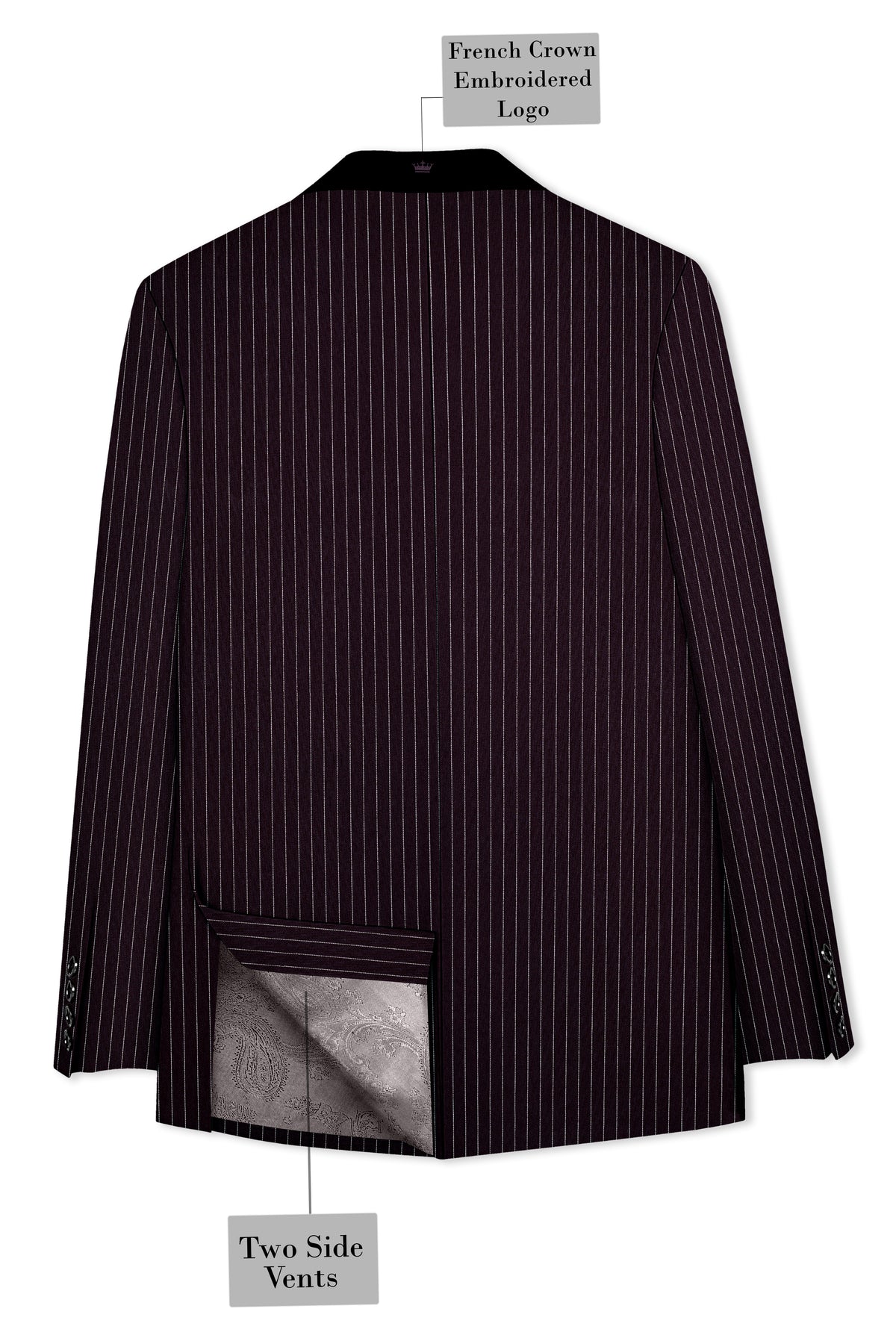 Vesper-Gondola Maroon Chalk Striped Wool Rich Wrinkle-Free Fluid Drape Fabric Tuxedo Blazer