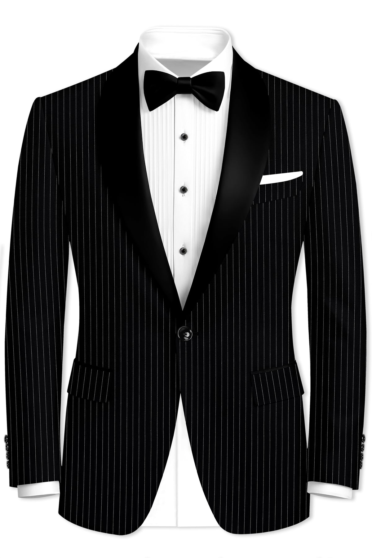 Noble-Jade Black Chalk Striped Wool Rich Wrinkle-Free Fluid Drape Fabric Tuxedo Blazer