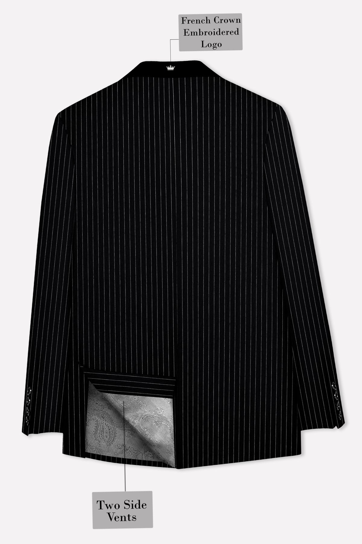 Noble-Jade Black Chalk Striped Wool Rich Wrinkle-Free Fluid Drape Fabric Tuxedo Blazer