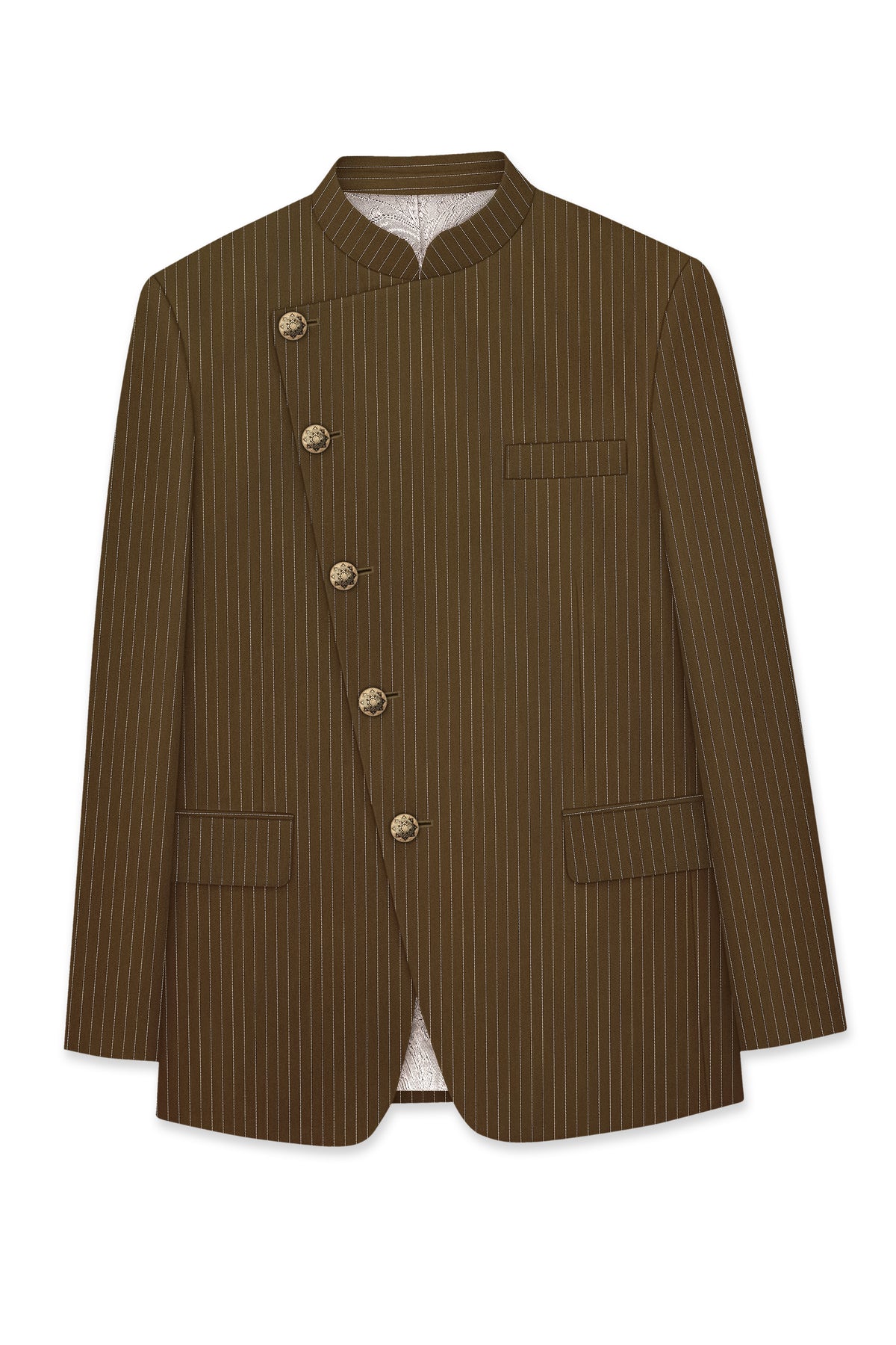 Sable-Antique Brown Chalk Striped Wool Rich Wrinkle-Free Fluid Drape Fabric Cross Bandhgala Blazer