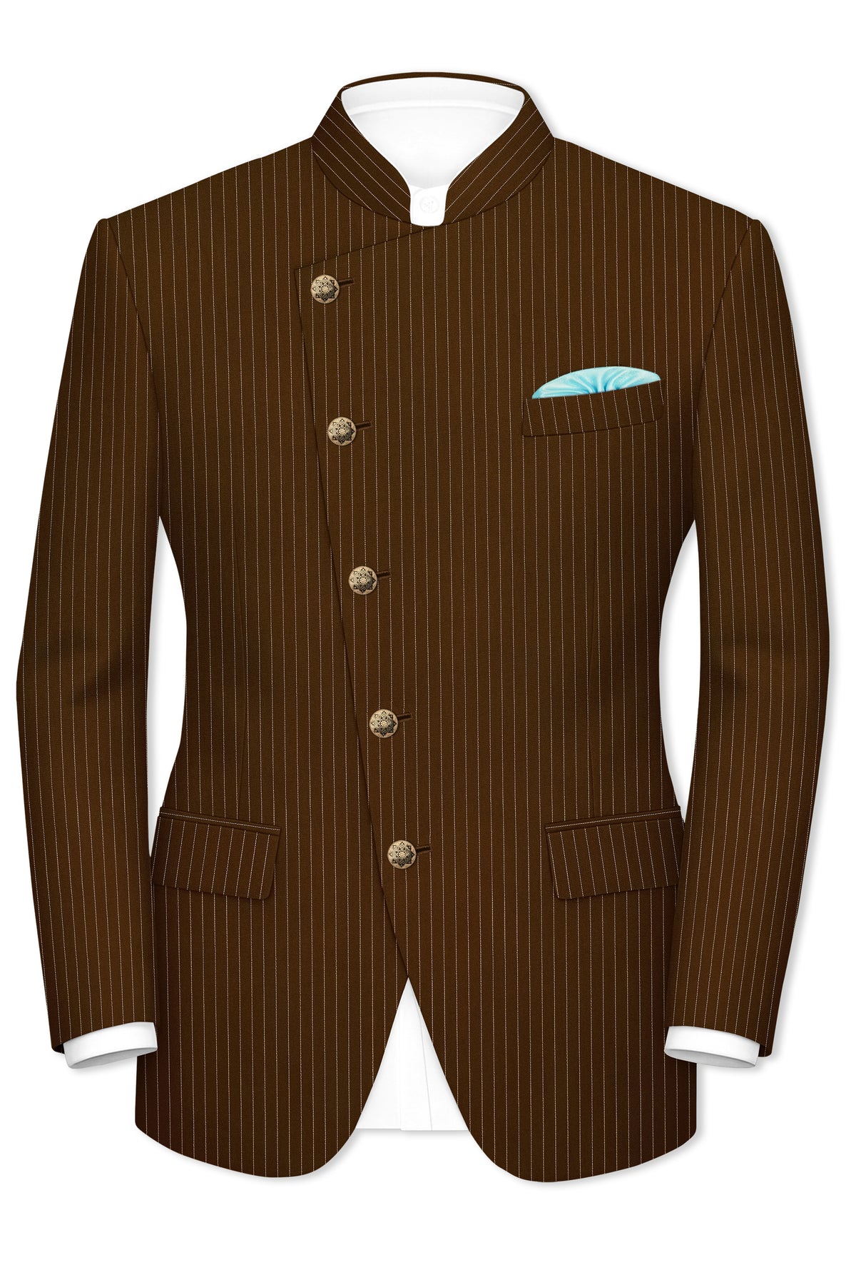 Everton-Clinker Brown Chalk Striped Wool Rich Wrinkle-Free Fluid Drape Fabric Cross Bandhgala Blazer