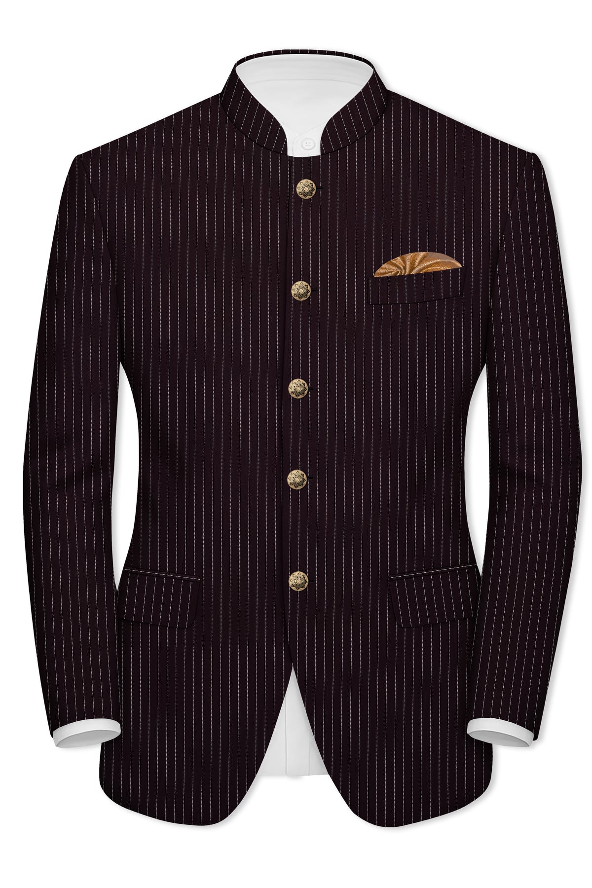 Vesper-Gondola Maroon Chalk Striped Wool Rich Wrinkle-Free Fluid Drape Fabric Bandhgala Blazer