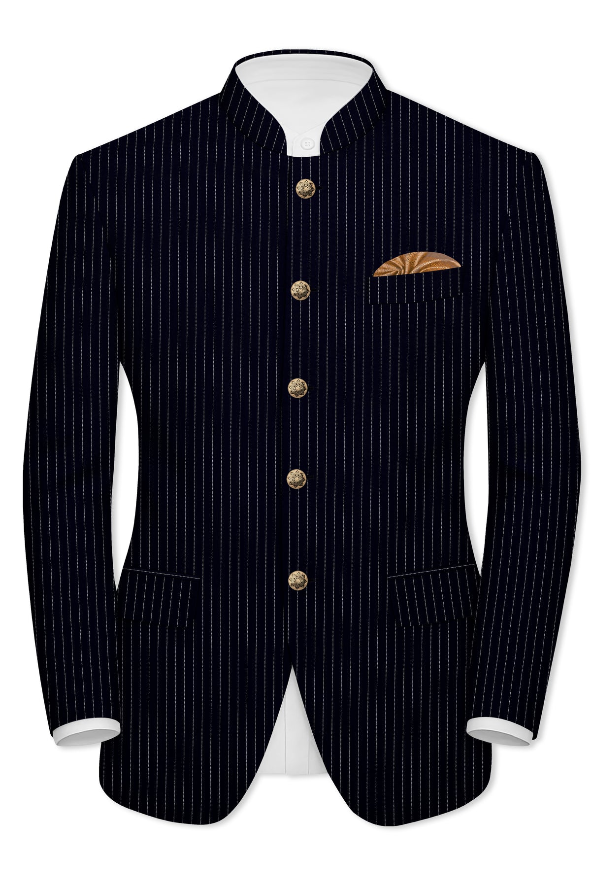 Windsor-Navy Blue Chalk Striped Wool Rich Wrinkle-Free Fluid Drape Fabric Bandhgala Blazer