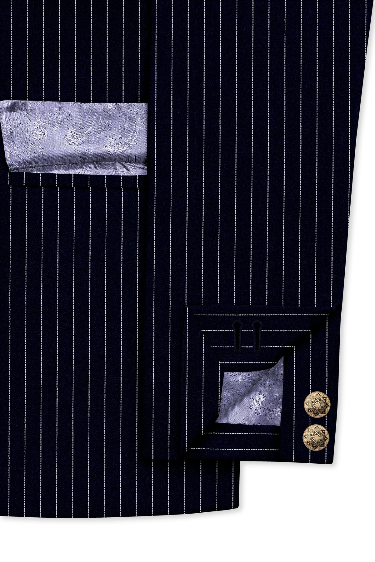Windsor-Navy Blue Chalk Striped Wool Rich Wrinkle-Free Fluid Drape Fabric Bandhgala Blazer