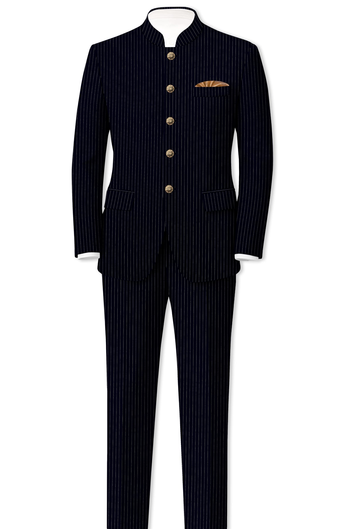 Windsor-Navy Blue Chalk Striped Wool Rich Wrinkle-Free Fluid Drape Fabric Bandhgala Blazer