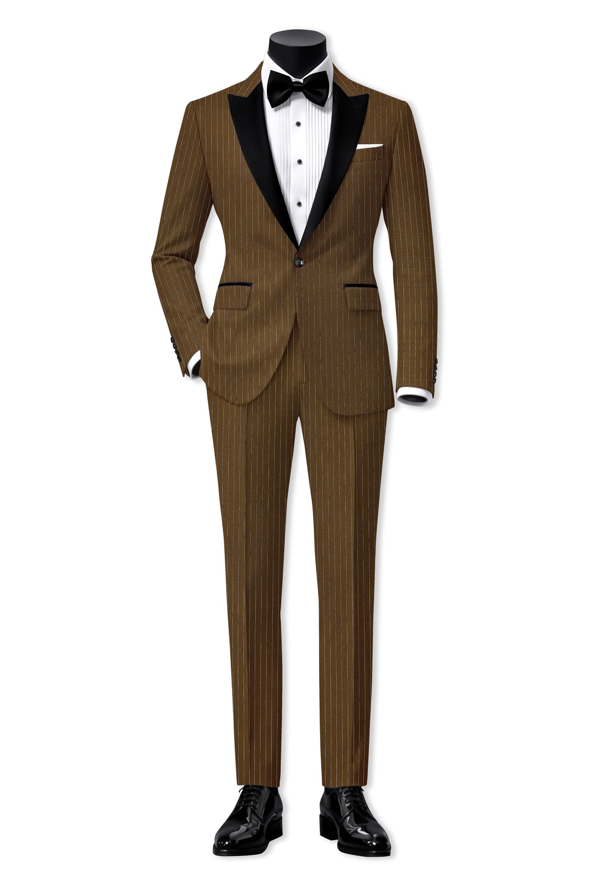 Sable-Antique Brown Chalk Striped Wool Rich Wrinkle-Free Fluid Drape Fabric Peak Lapel Tuxedo Blazer