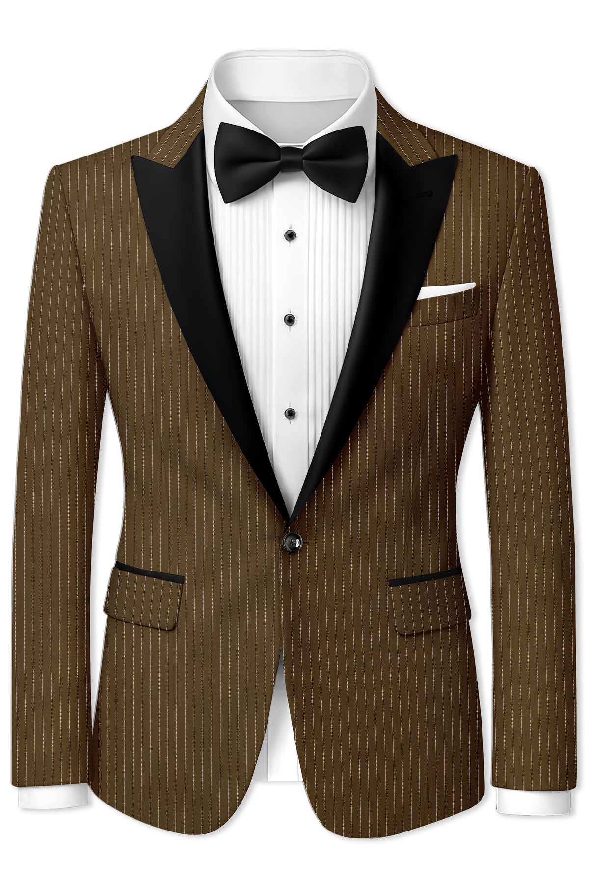 Sable-Antique Brown Chalk Striped Wool Rich Wrinkle-Free Fluid Drape Fabric Peak Lapel Tuxedo Blazer