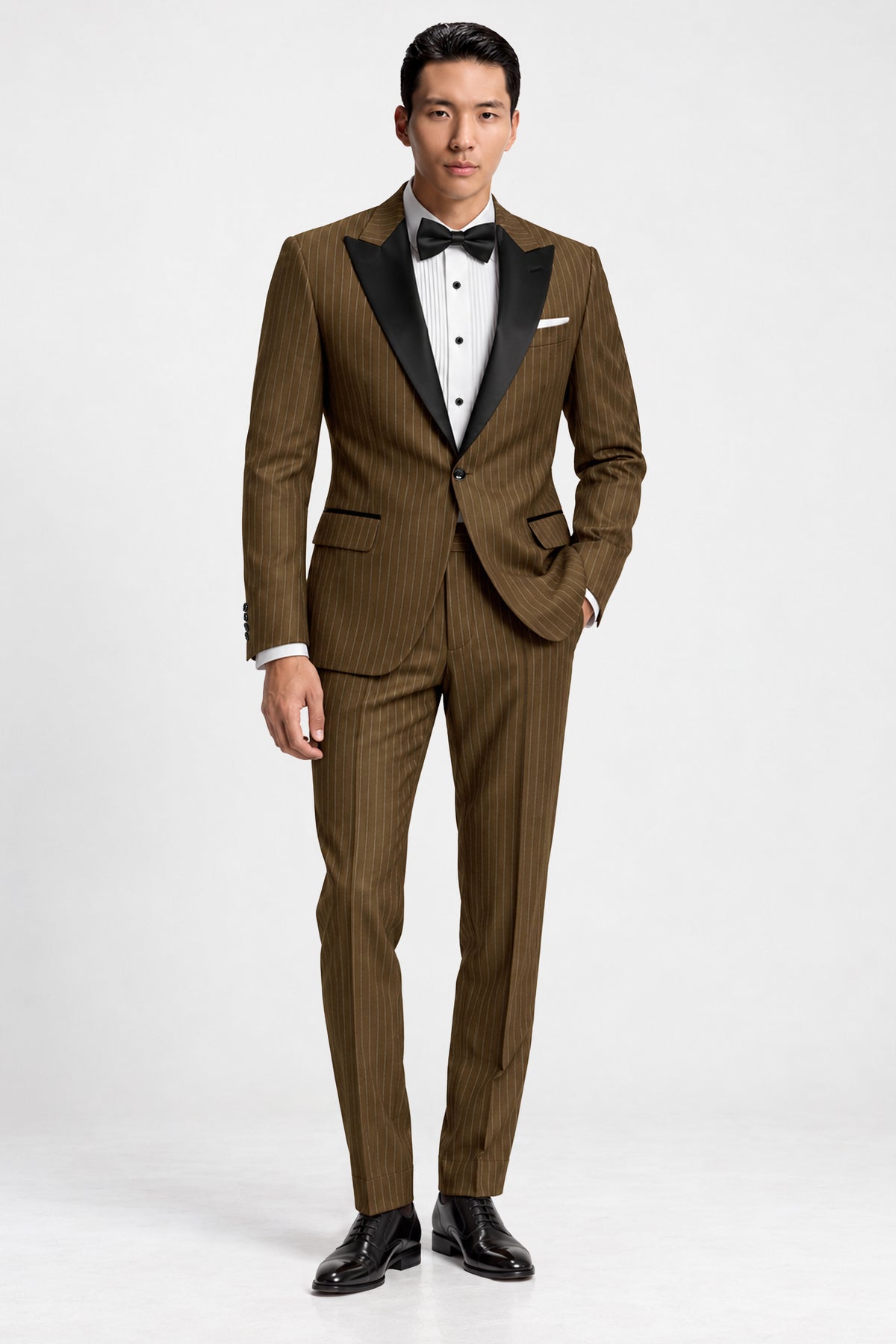 Sable-Antique Brown Chalk Striped Wool Rich Wrinkle-Free Fluid Drape Fabric Peak Lapel Tuxedo Blazer