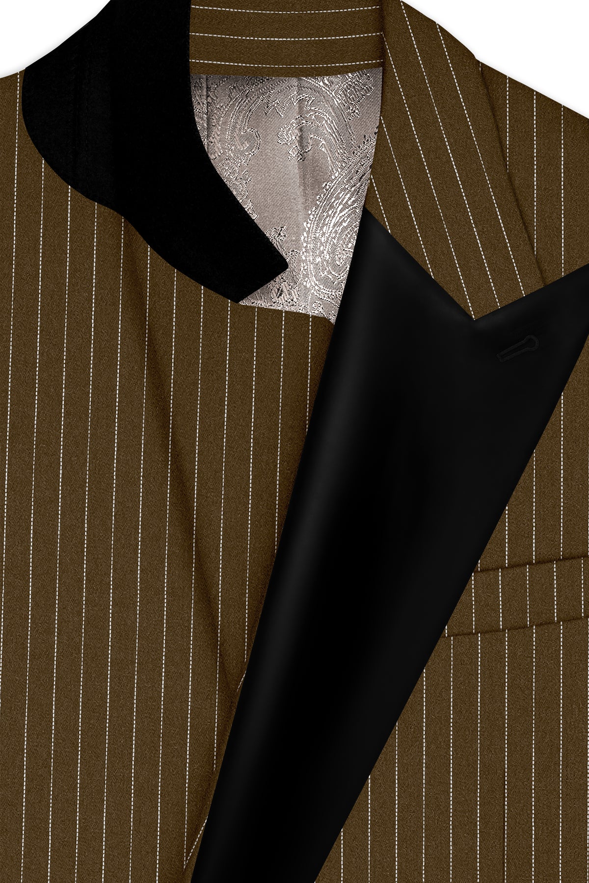Sable-Antique Brown Chalk Striped Wool Rich Wrinkle-Free Fluid Drape Fabric Peak Lapel Tuxedo Blazer