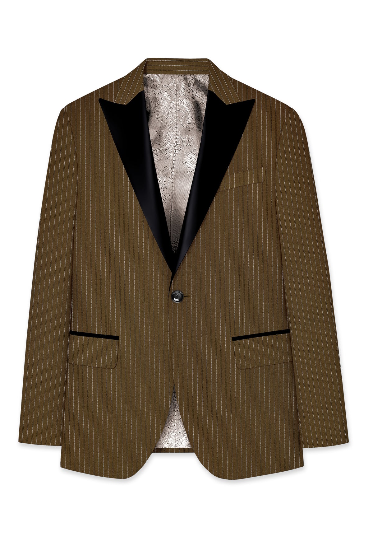 Sable-Antique Brown Chalk Striped Wool Rich Wrinkle-Free Fluid Drape Fabric Peak Lapel Tuxedo Blazer