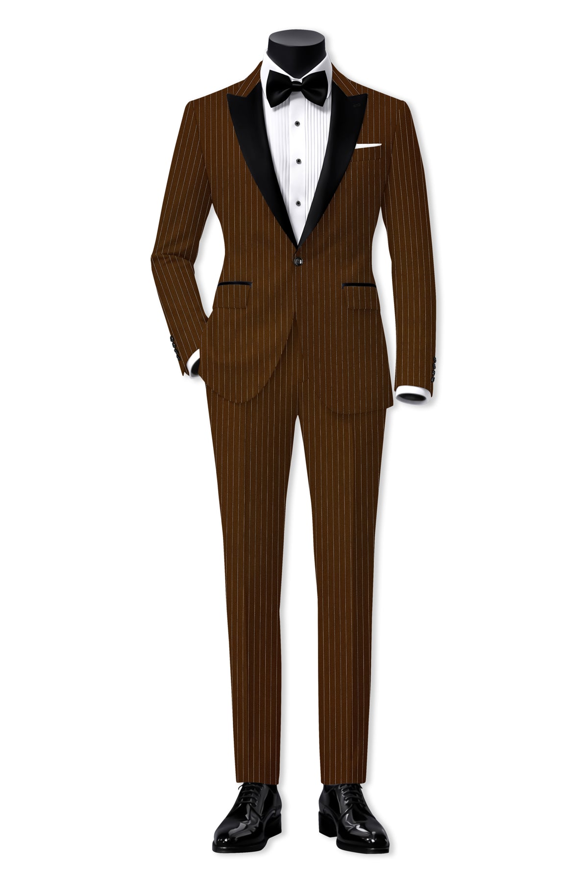 Everton-Clinker Brown Chalk Striped Wool Rich Wrinkle-Free Fluid Drape Fabric Peak Lapel Tuxedo Blazer