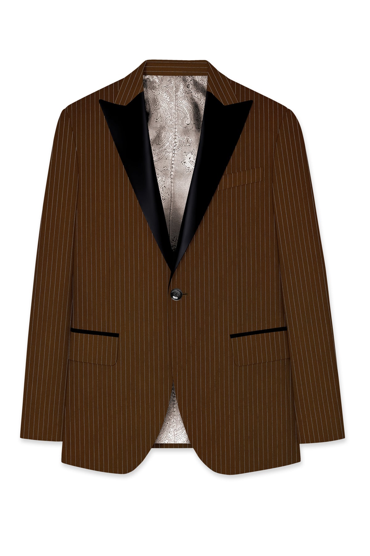 Everton-Clinker Brown Chalk Striped Wool Rich Wrinkle-Free Fluid Drape Fabric Peak Lapel Tuxedo Blazer