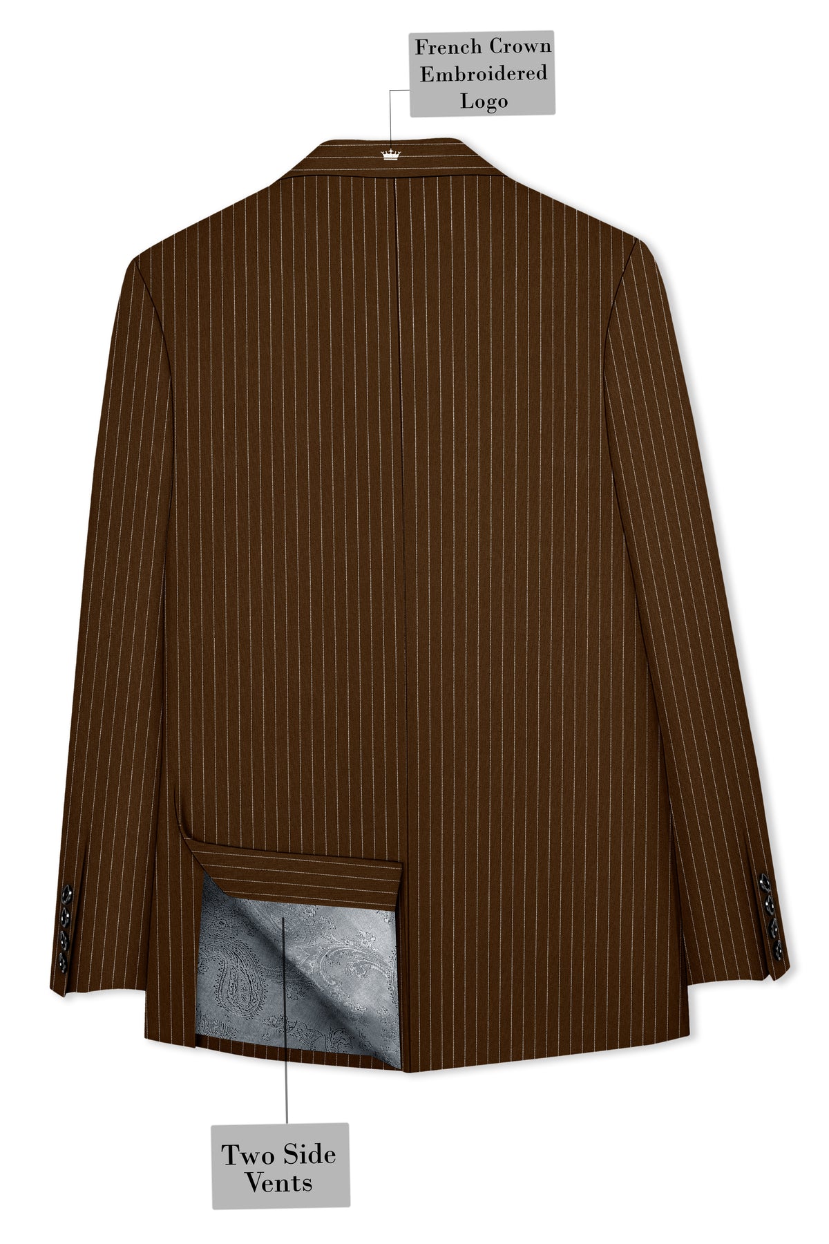 Everton-Clinker Brown Chalk Striped Wool Rich Wrinkle-Free Fluid Drape Fabric Peak Lapel Tuxedo Blazer