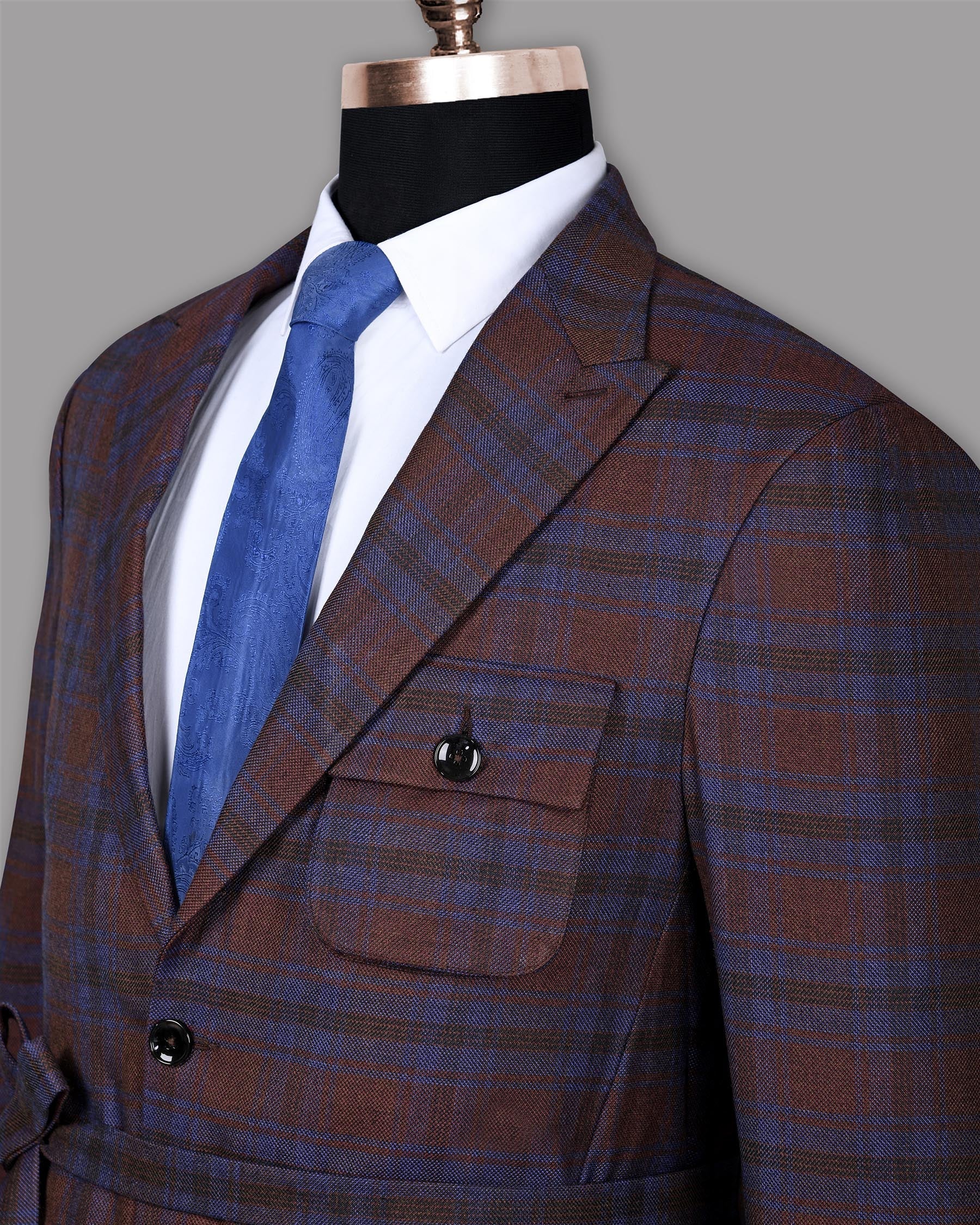Maroon with Royal Blue Plaid Wool Tweed Blazer