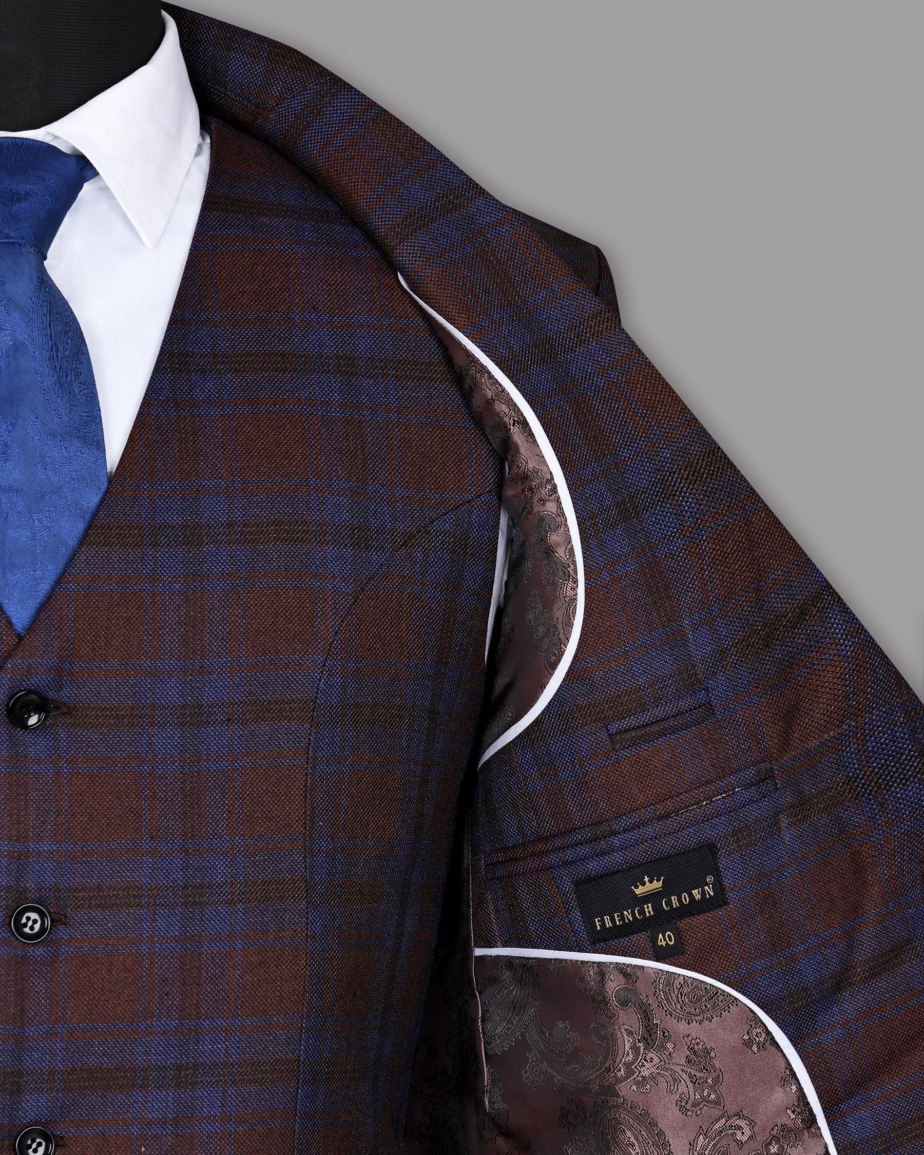 Maroon with Royal Blue Plaid Wool Tweed Blazer