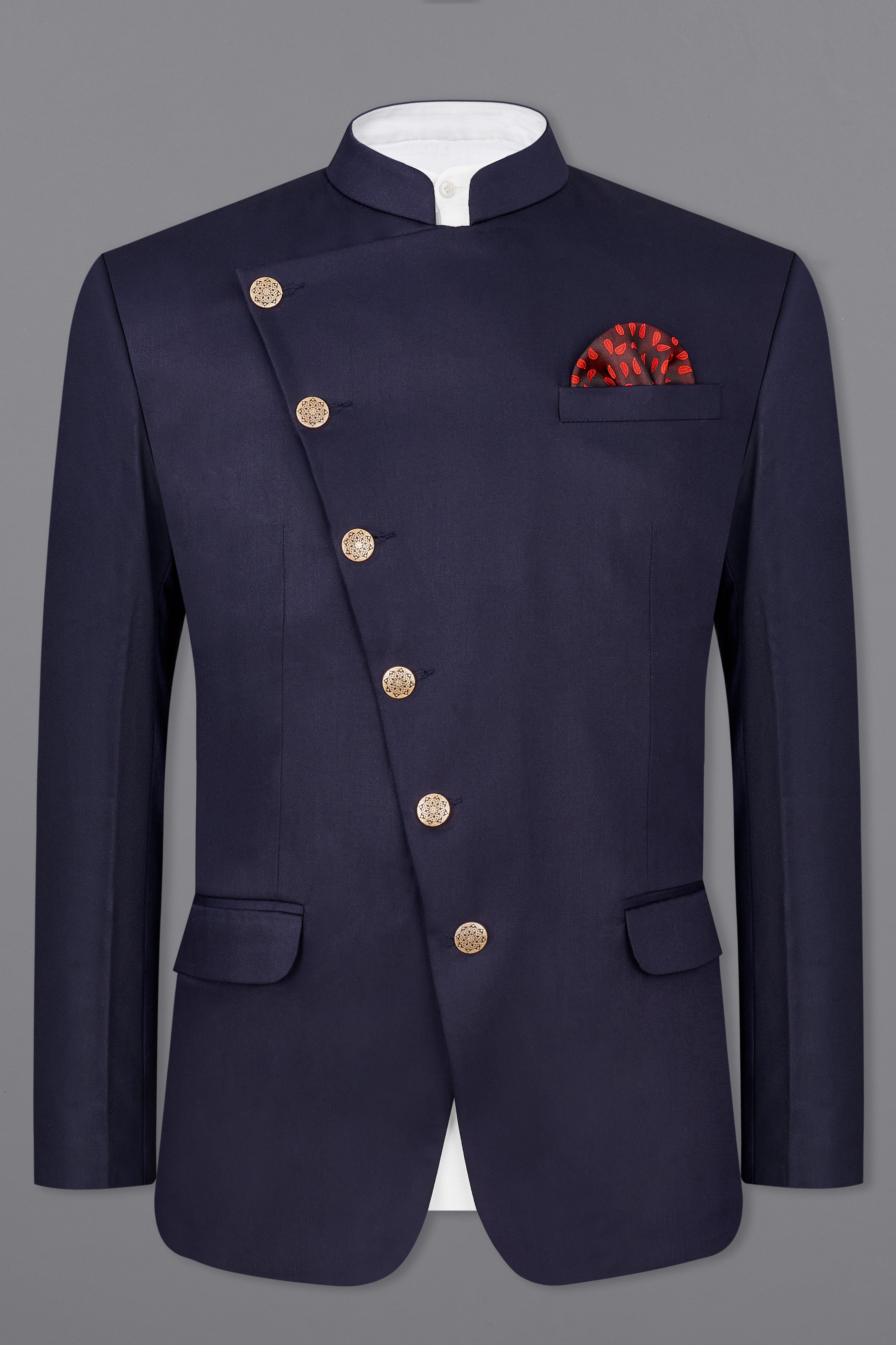 Navy Subtle Sheen Cross Placket Bandhgala/Mandarin Wool-Silk blend Blazer