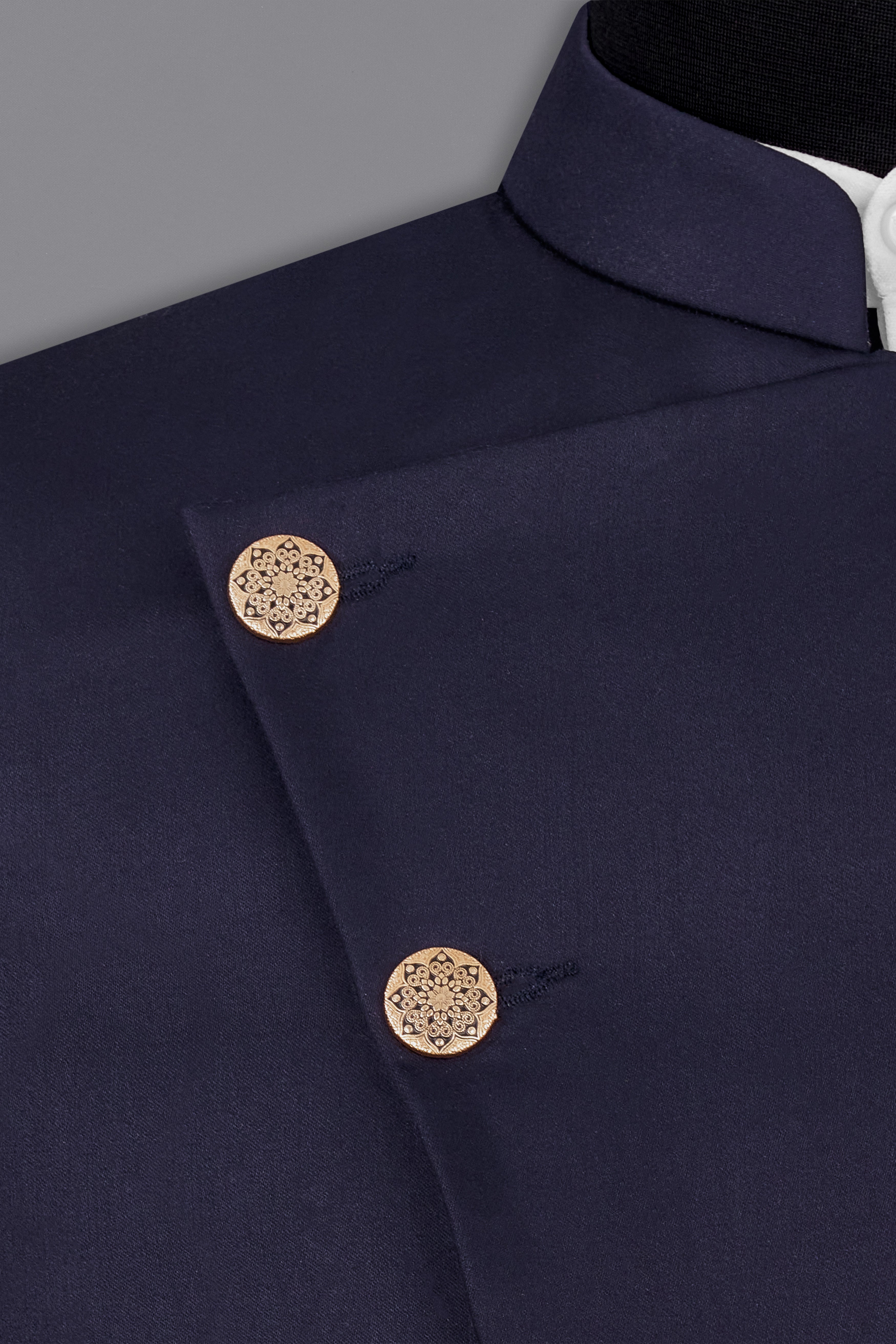 Navy Subtle Sheen Cross Placket Bandhgala/Mandarin Wool-Silk blend Blazer