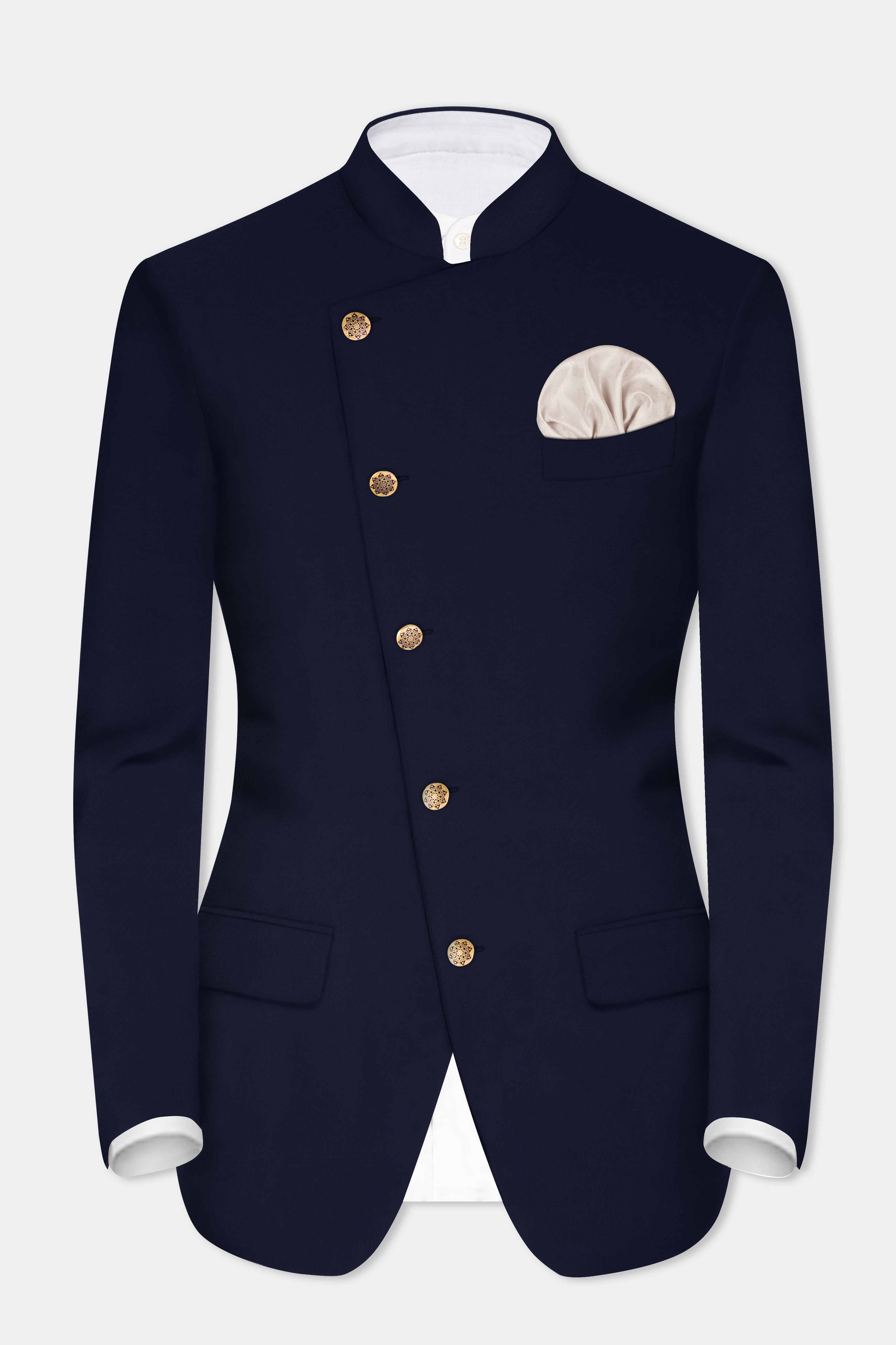 Navy Subtle Sheen Cross Placket Bandhgala/Mandarin Wool-Silk blend Blazer