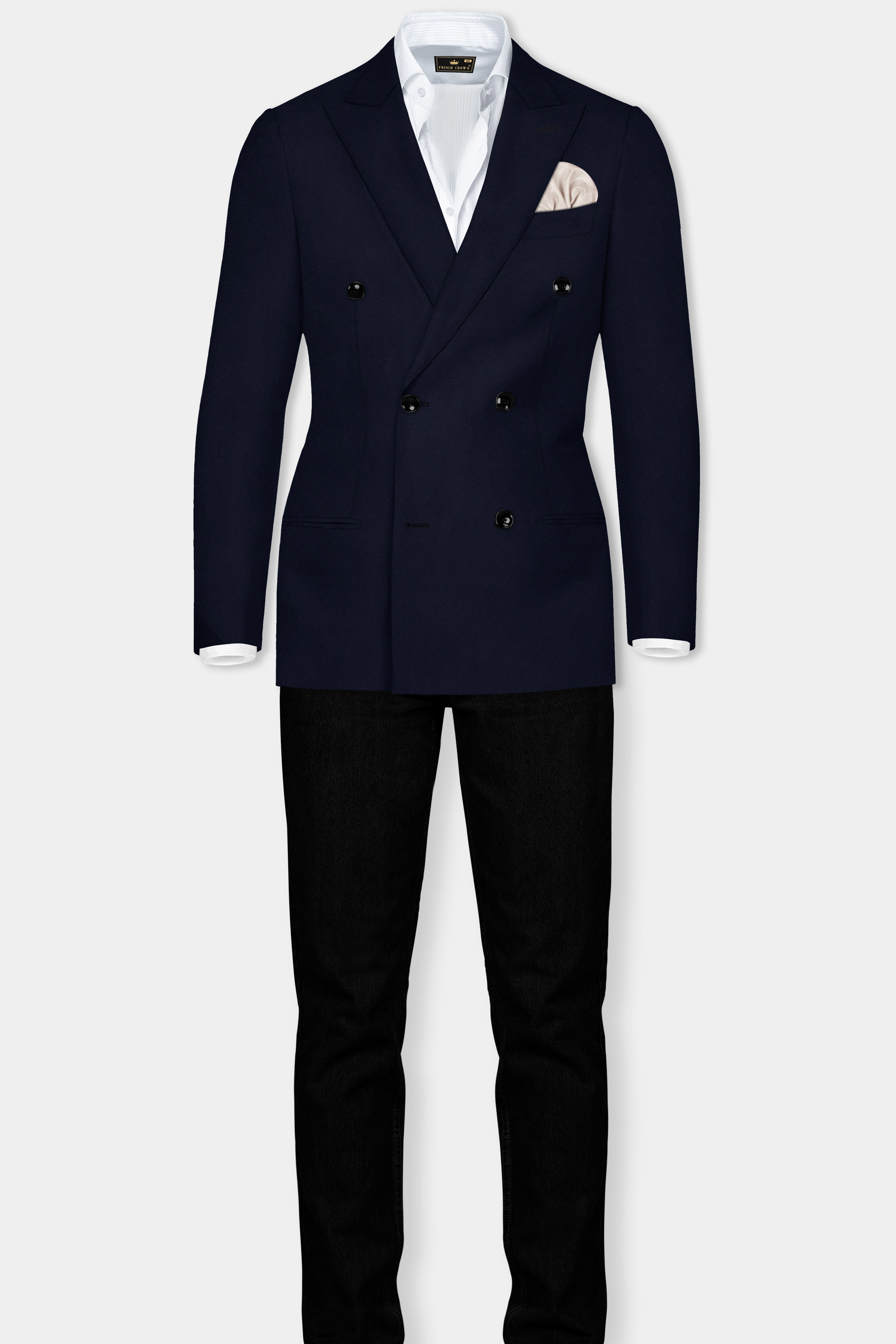 Navy Subtle Sheen Wool Blend Double Breasted Blazer