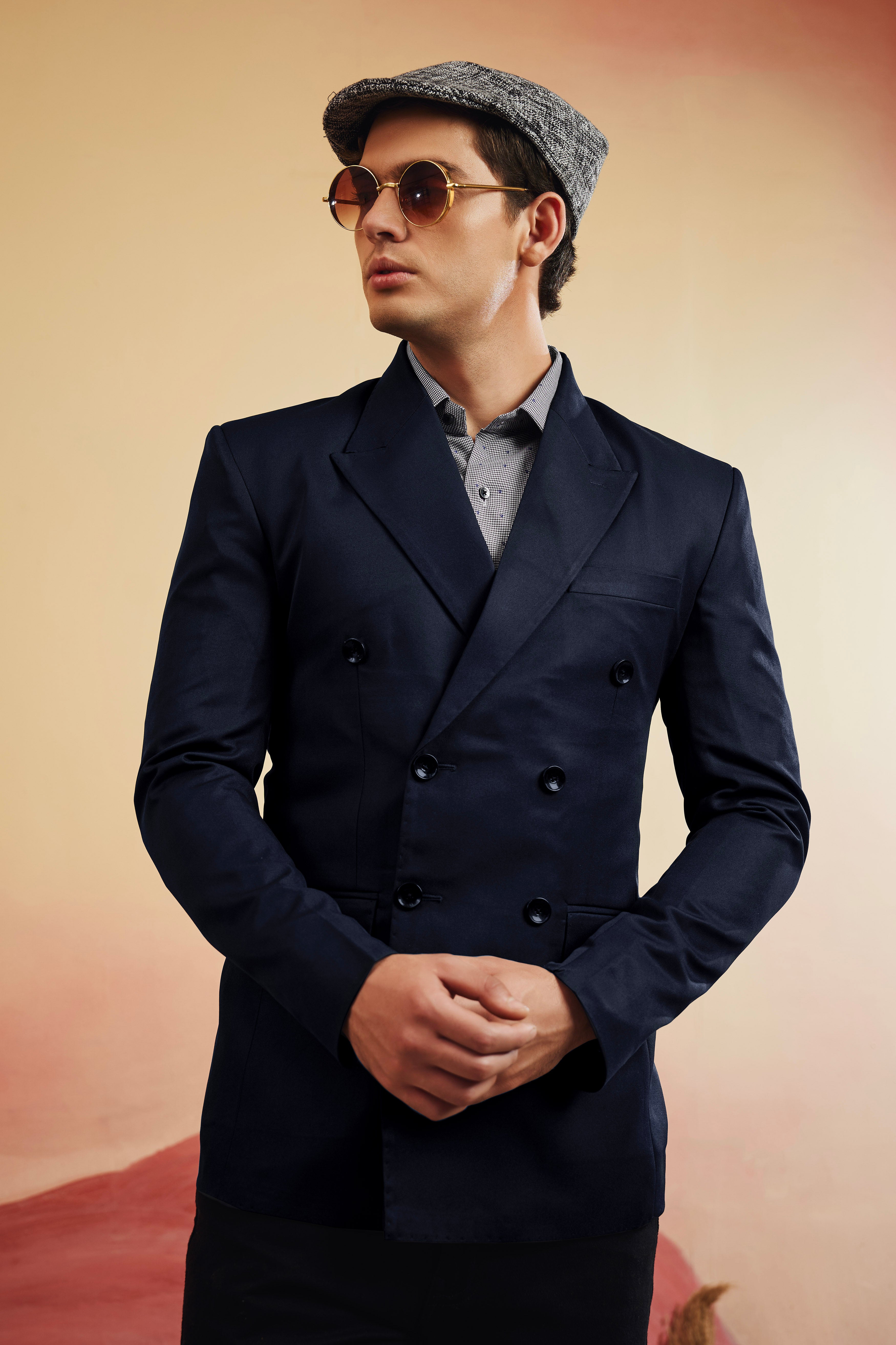 Navy Subtle Sheen Wool Blend Double Breasted Blazer