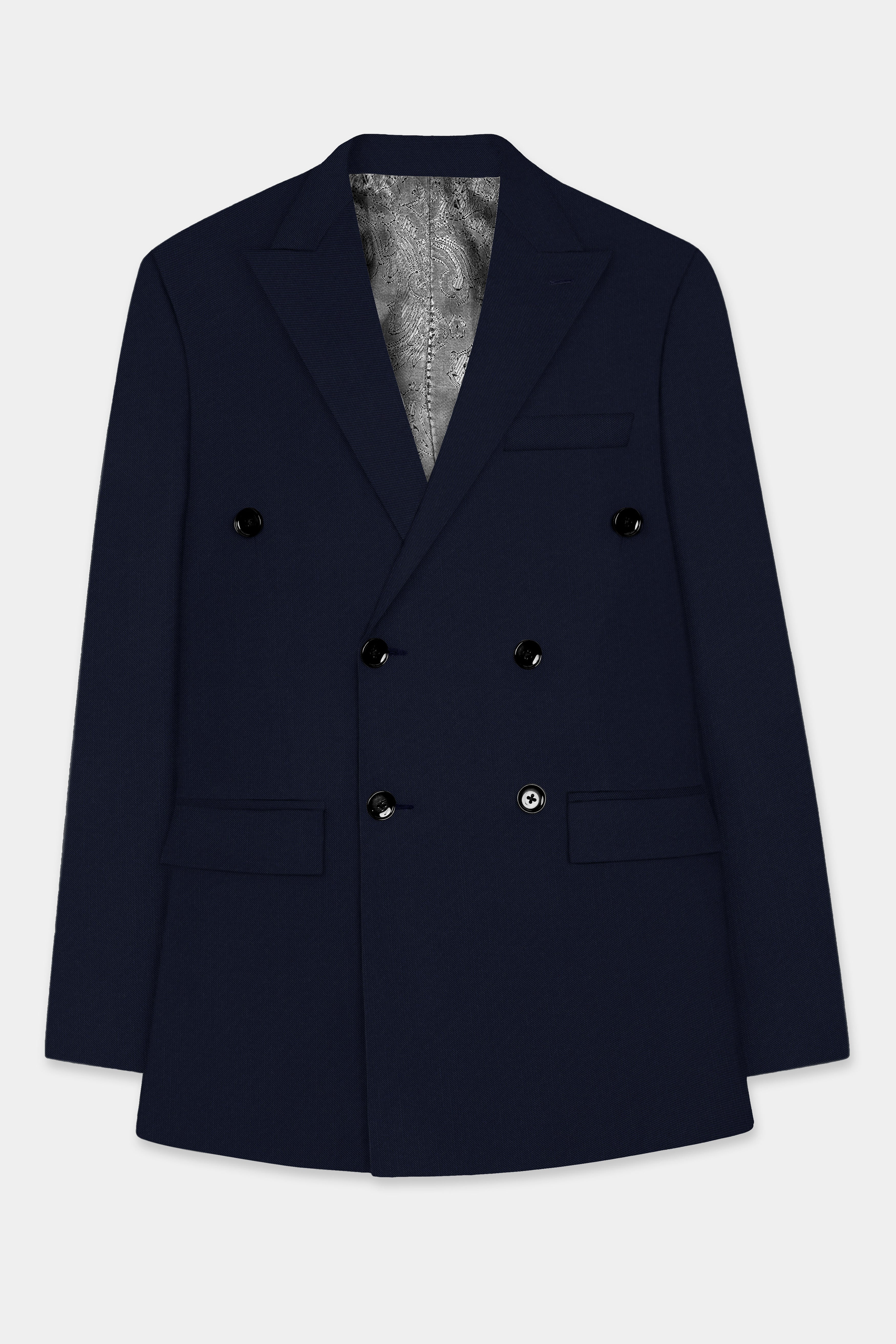 Navy Subtle Sheen Wool Blend Double Breasted Blazer