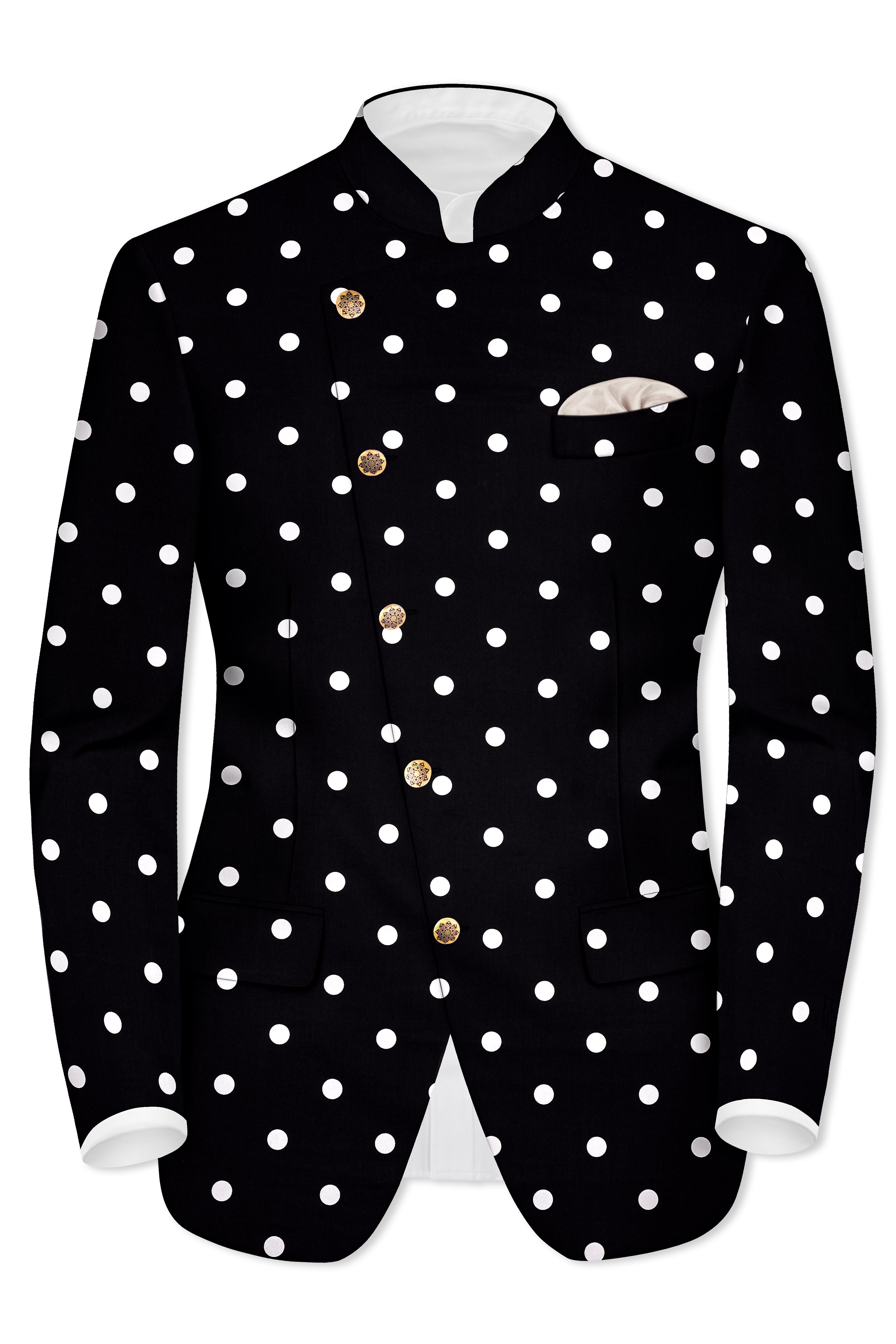 Jade Black Polka Print Cross Placket Bandhgala/Mandarin Blazer