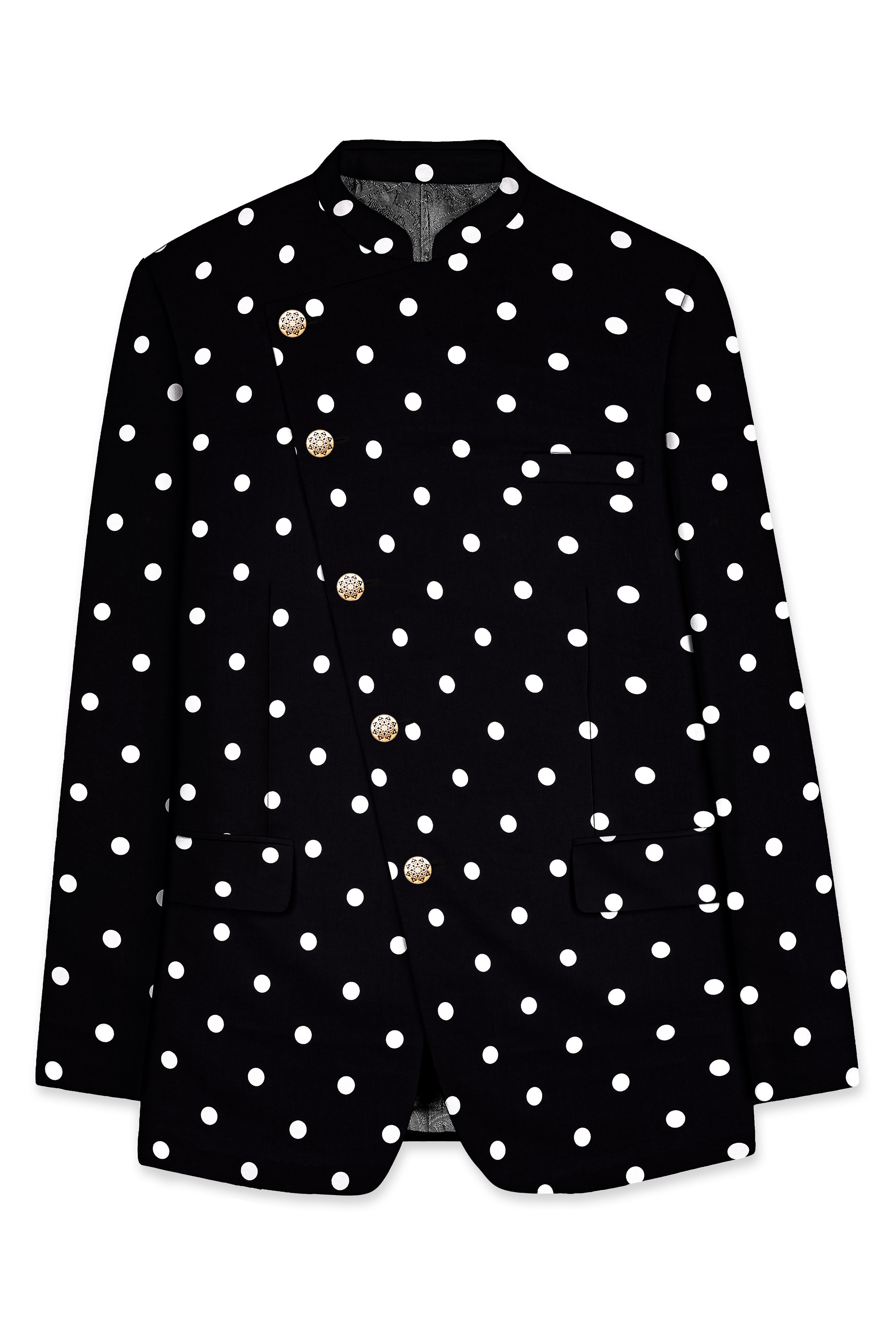 Jade Black Polka Print Cross Placket Bandhgala/Mandarin Blazer
