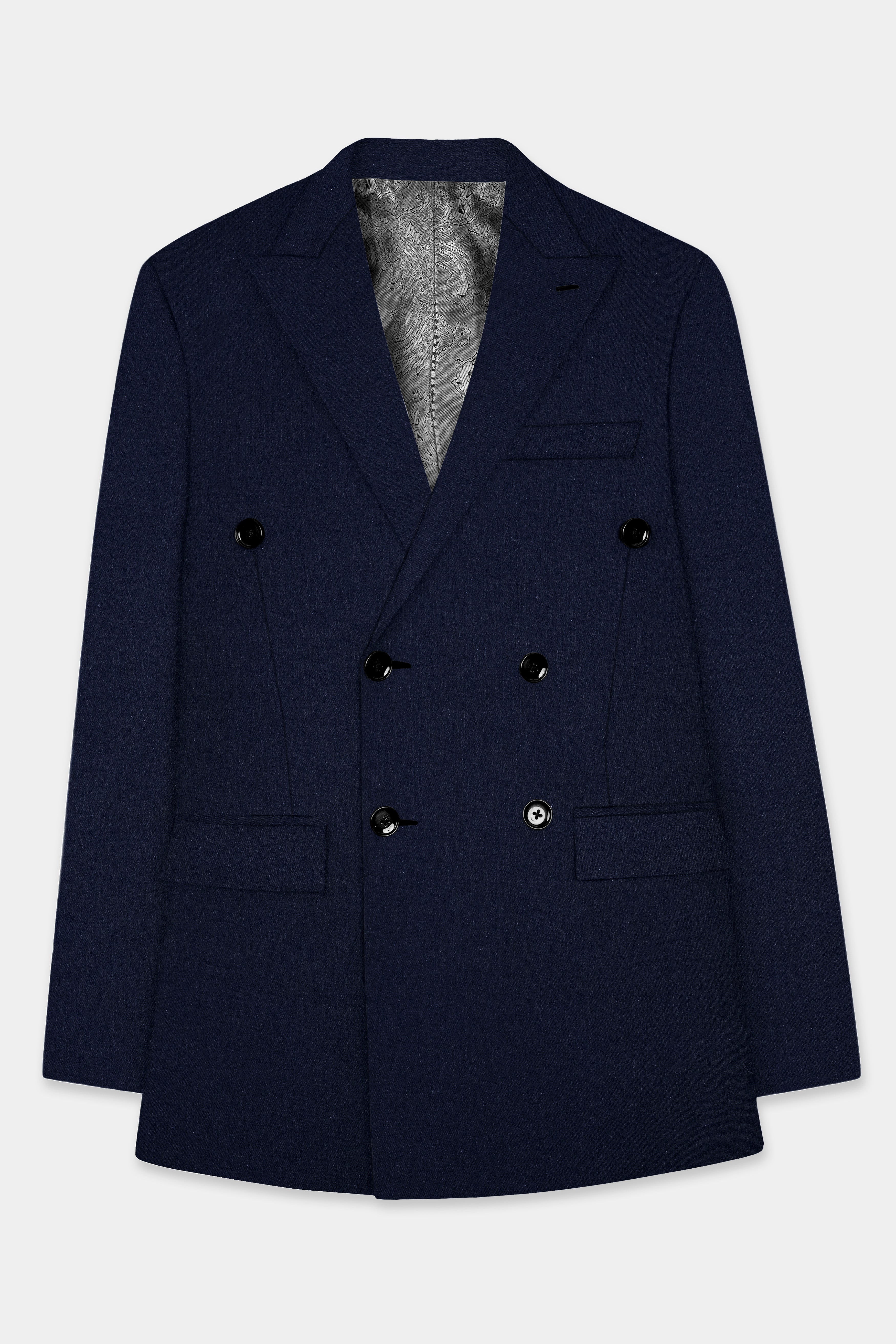 Navy Diamond Textured Wool Rich Double Breasted Blazer