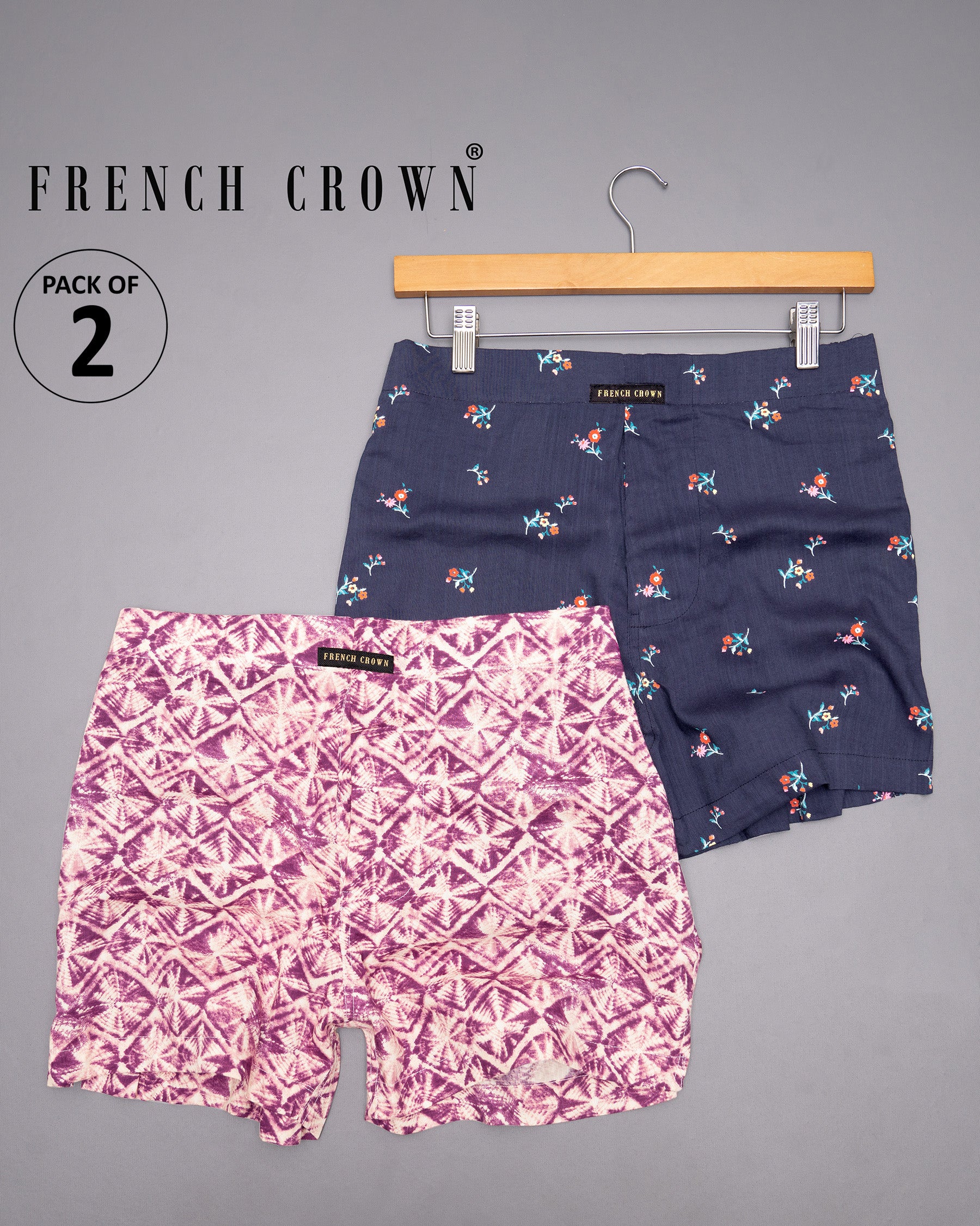 Rouge Pink and Haiti Blue Flowery Printed Tencel Boxers