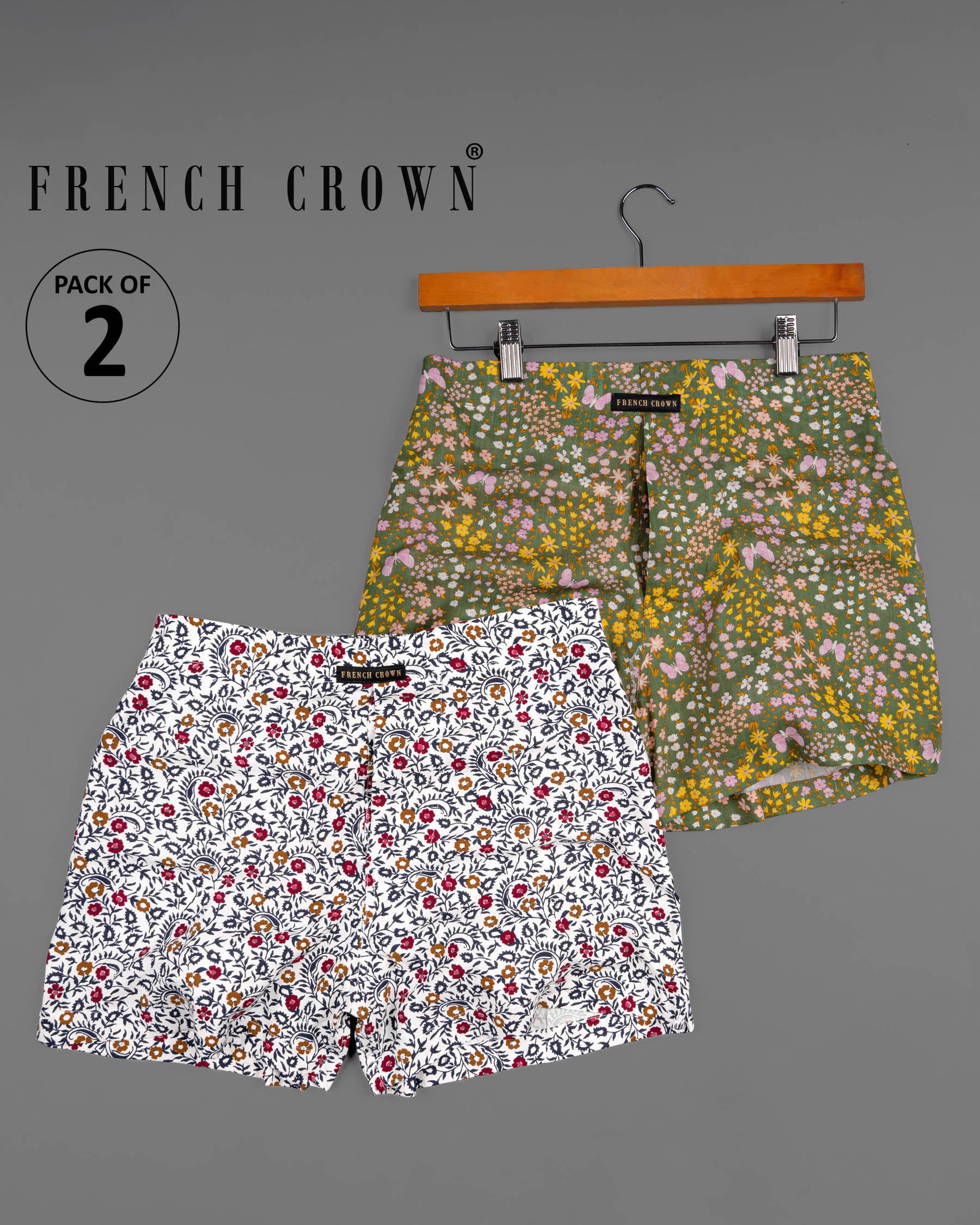 Bright White and Tamarillo Red with Camouflage Green and Saffron Floral Printed Premium Tencel Boxers
