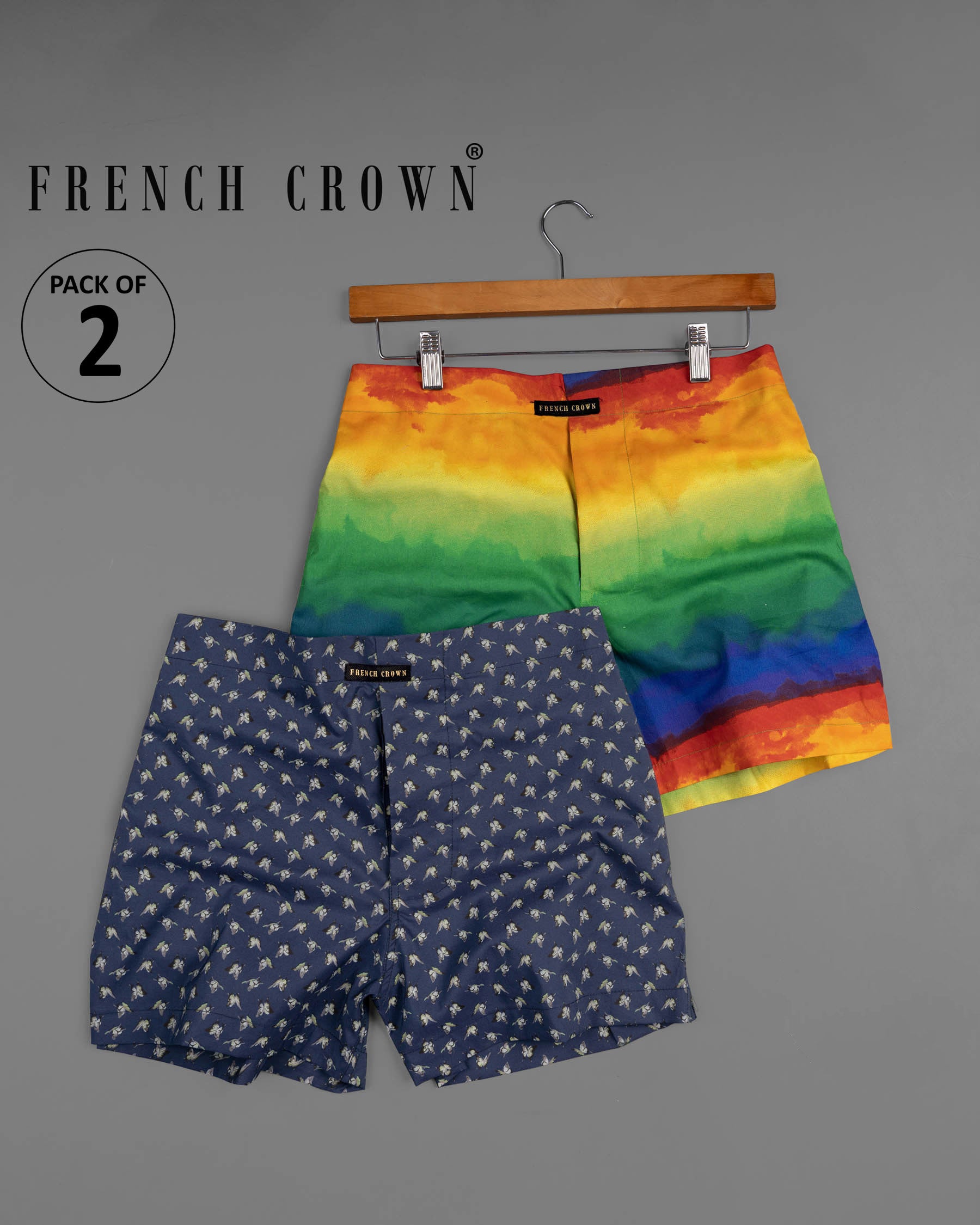 Cloud Burst Navy Blue Printed and Rainbow Colored Cotton Boxers