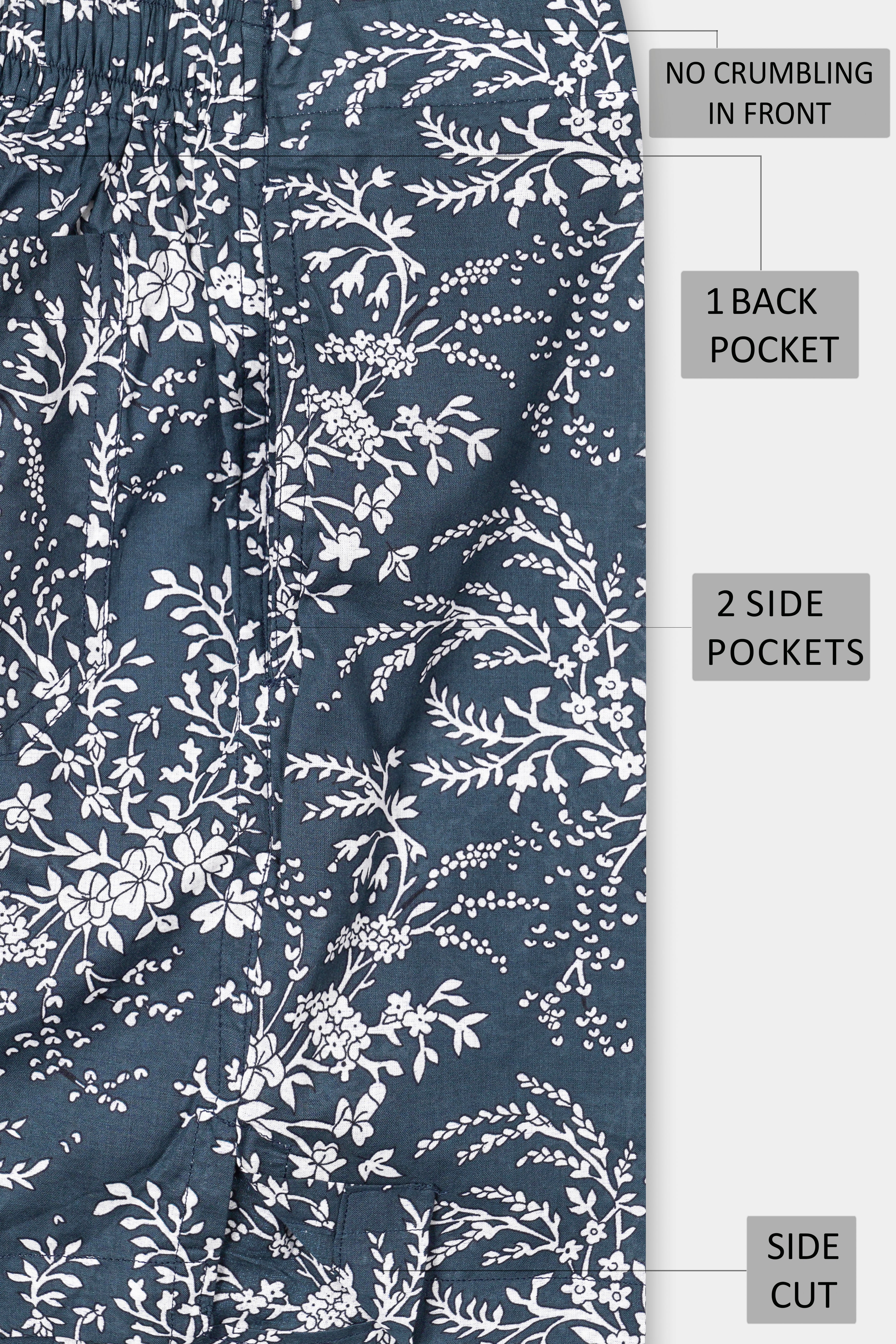 Limed Spruce Blue With White Flower Printed Premium Cotton Boxer BX534-28, BX534-30, BX534-32, BX534-34, BX534-36, BX534-38, BX534-40, BX534-42, BX534-44