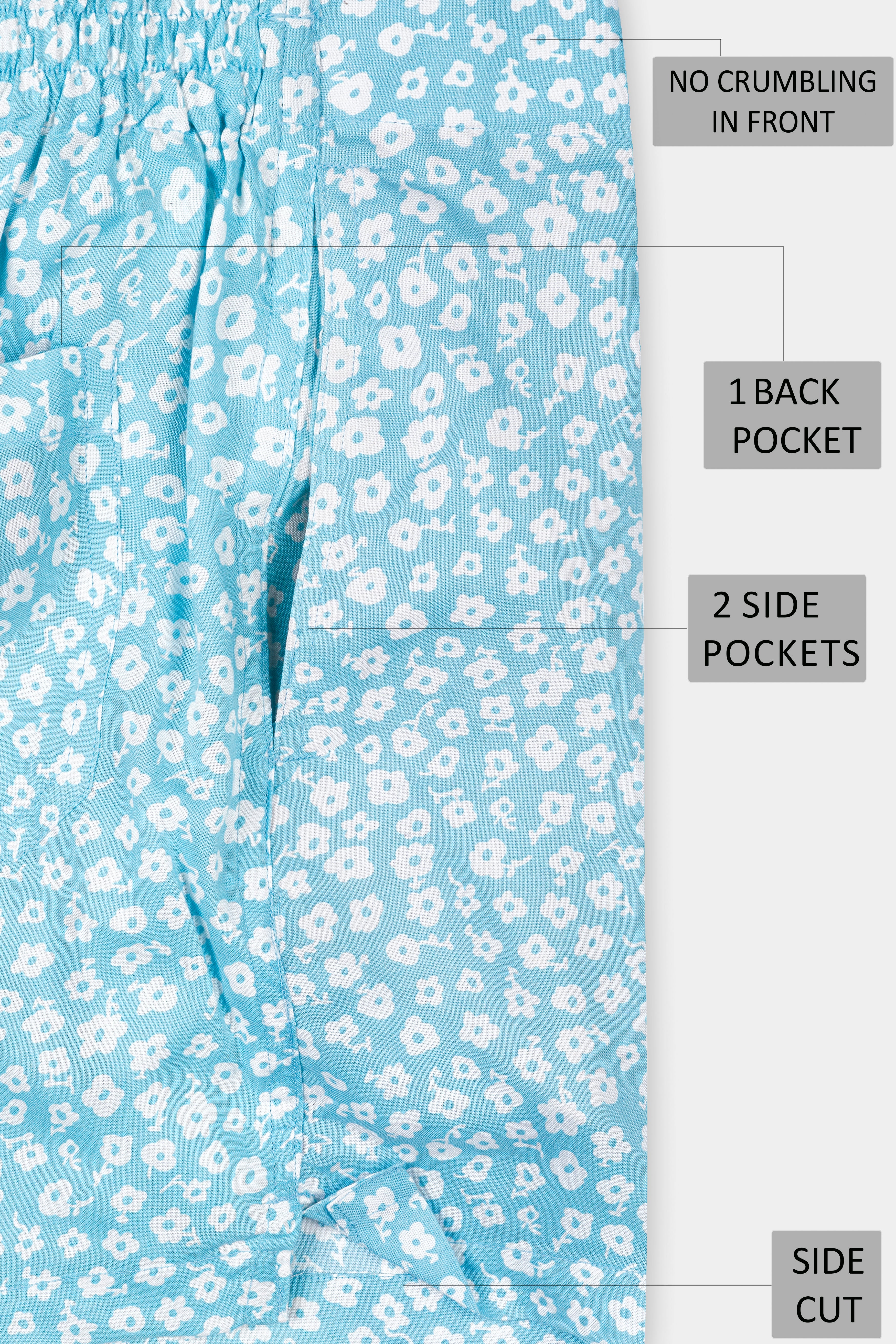 Glacier Blue With Bright White Flower Printed Premium Tencel Boxer BX547-28, BX547-30, BX547-32, BX547-34, BX547-36, BX547-38, BX547-40, BX547-42, BX547-44