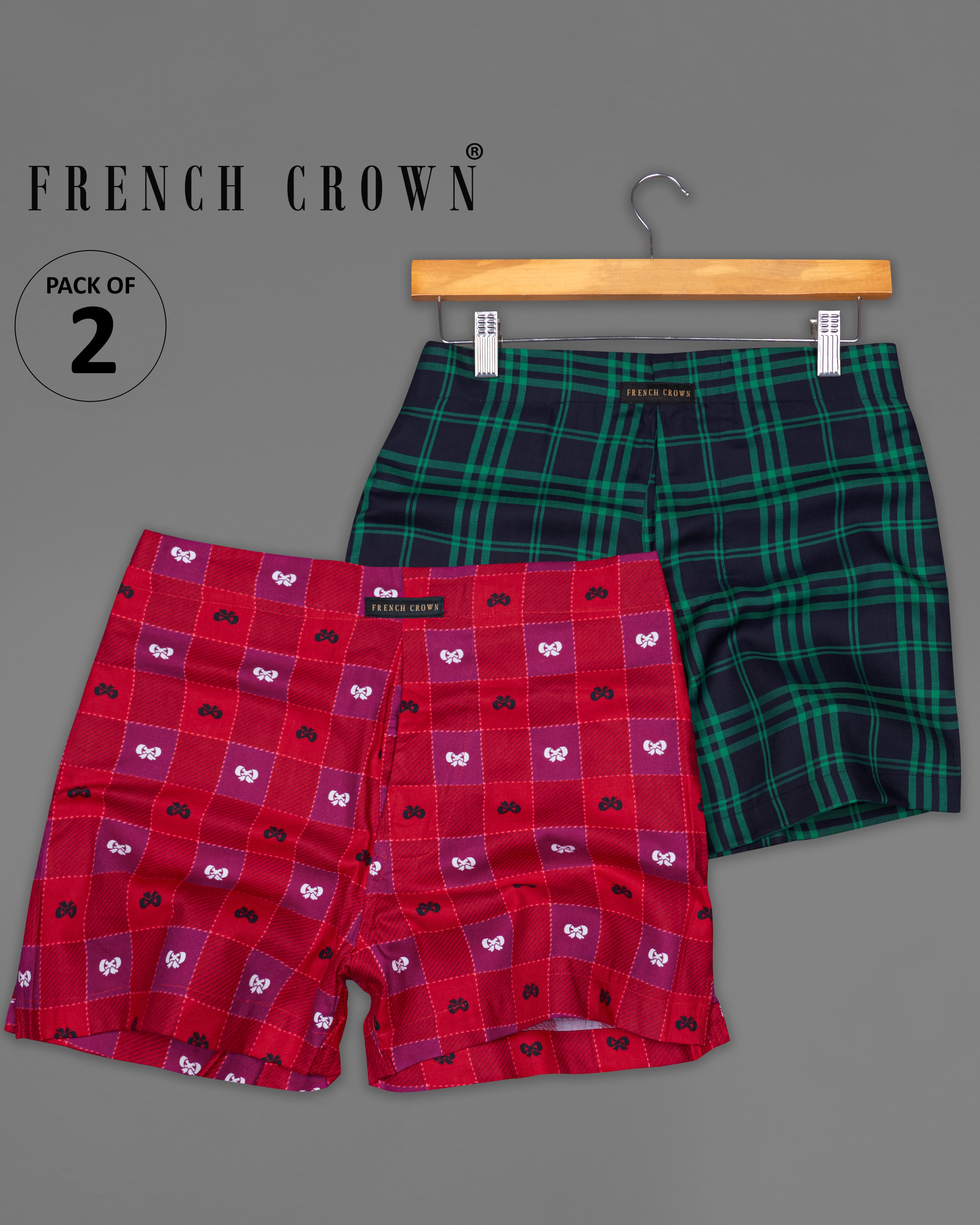 Mirage Navy Blue with Green Plaid and Venetian Red with Boysenberry Pink Windowpane Twill Premium Cotton Boxers