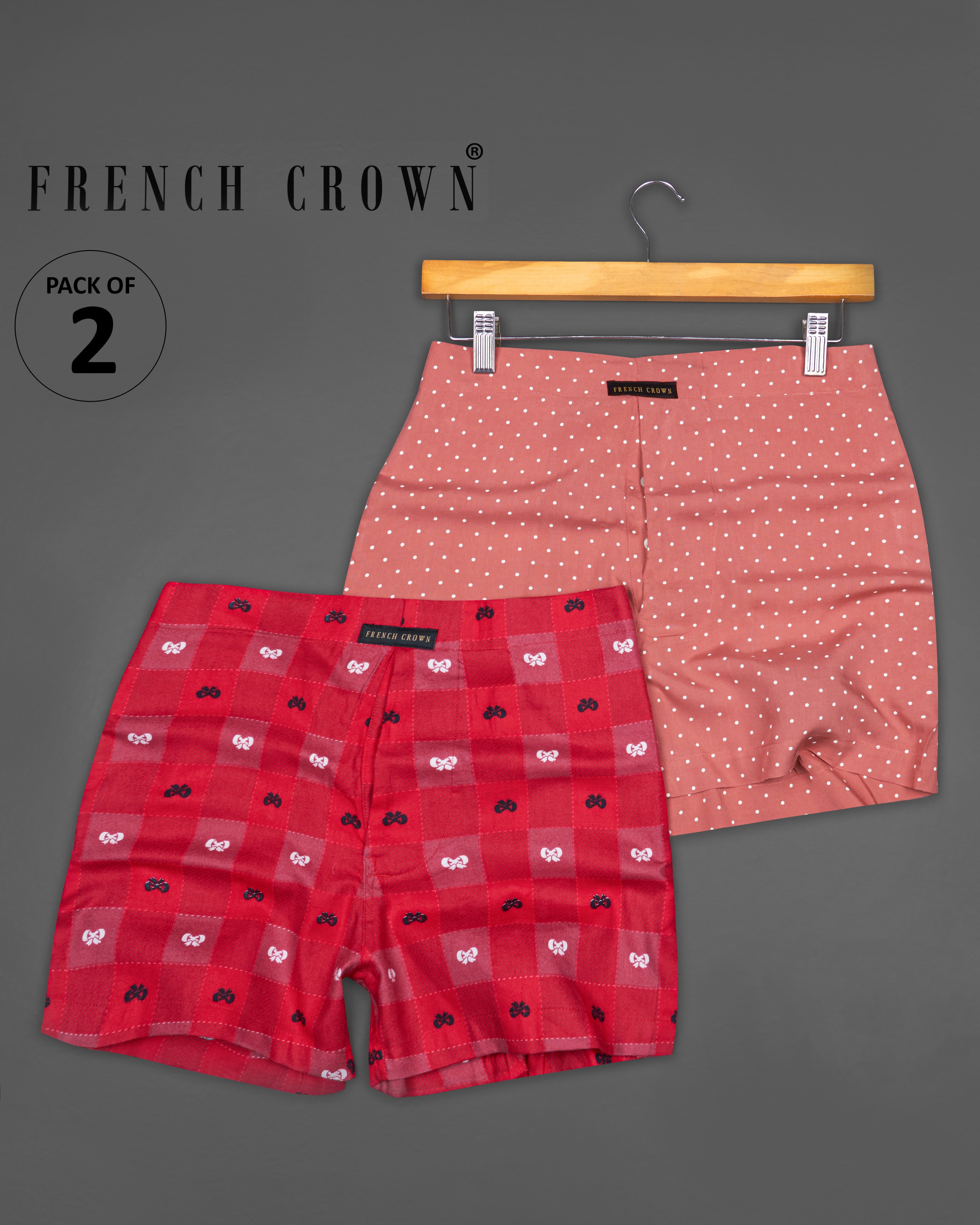 Burning Peach Polka Dotted Premium Tencel And Venetian Red with Boysenberry Pink Windowpane Twill Premium Cotton Boxers